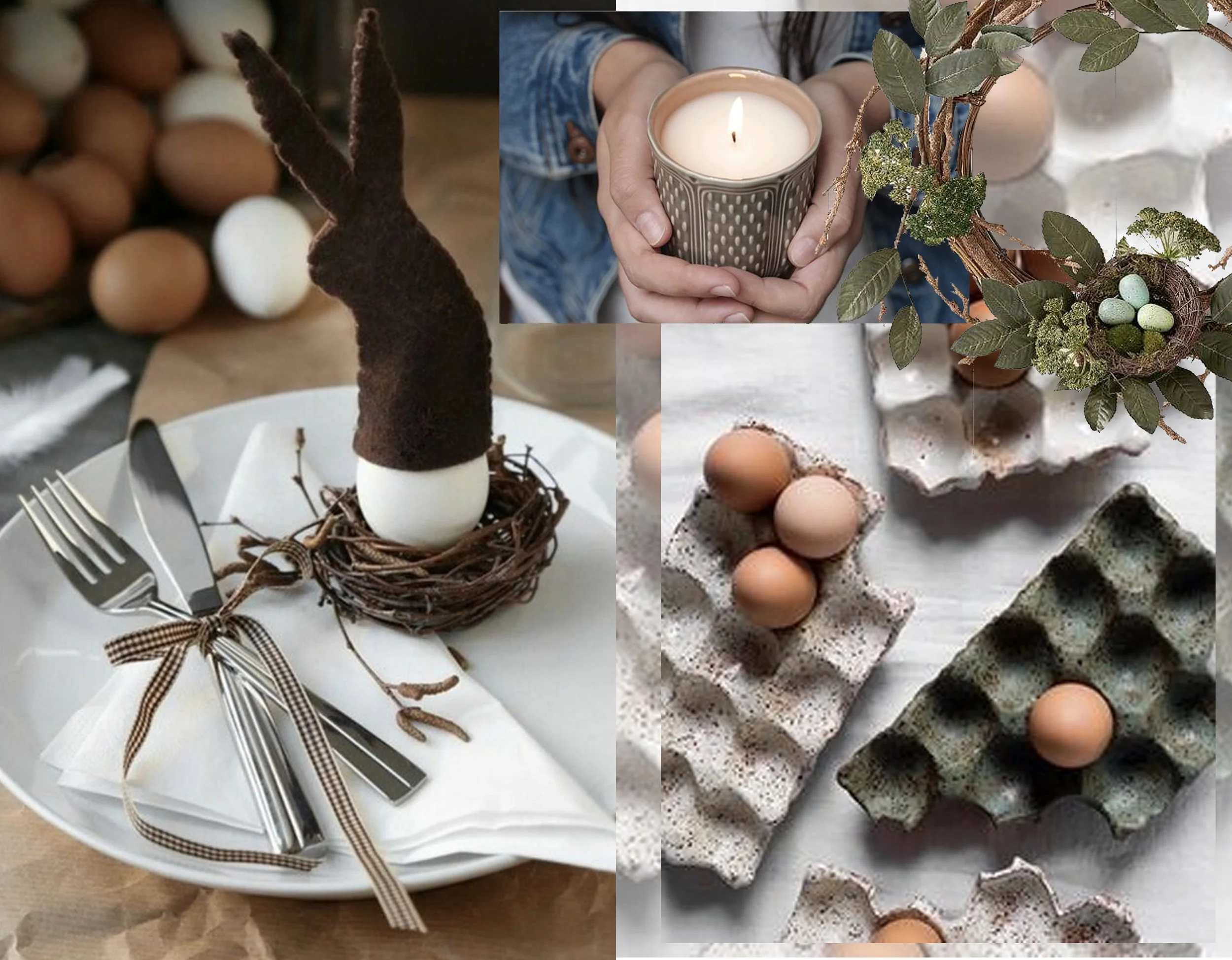 table decoration via Fresh Ideen - candle Gien - rustic Easter wreath via Shop Style - ceramic egg container of Jo Hoban via Instagram