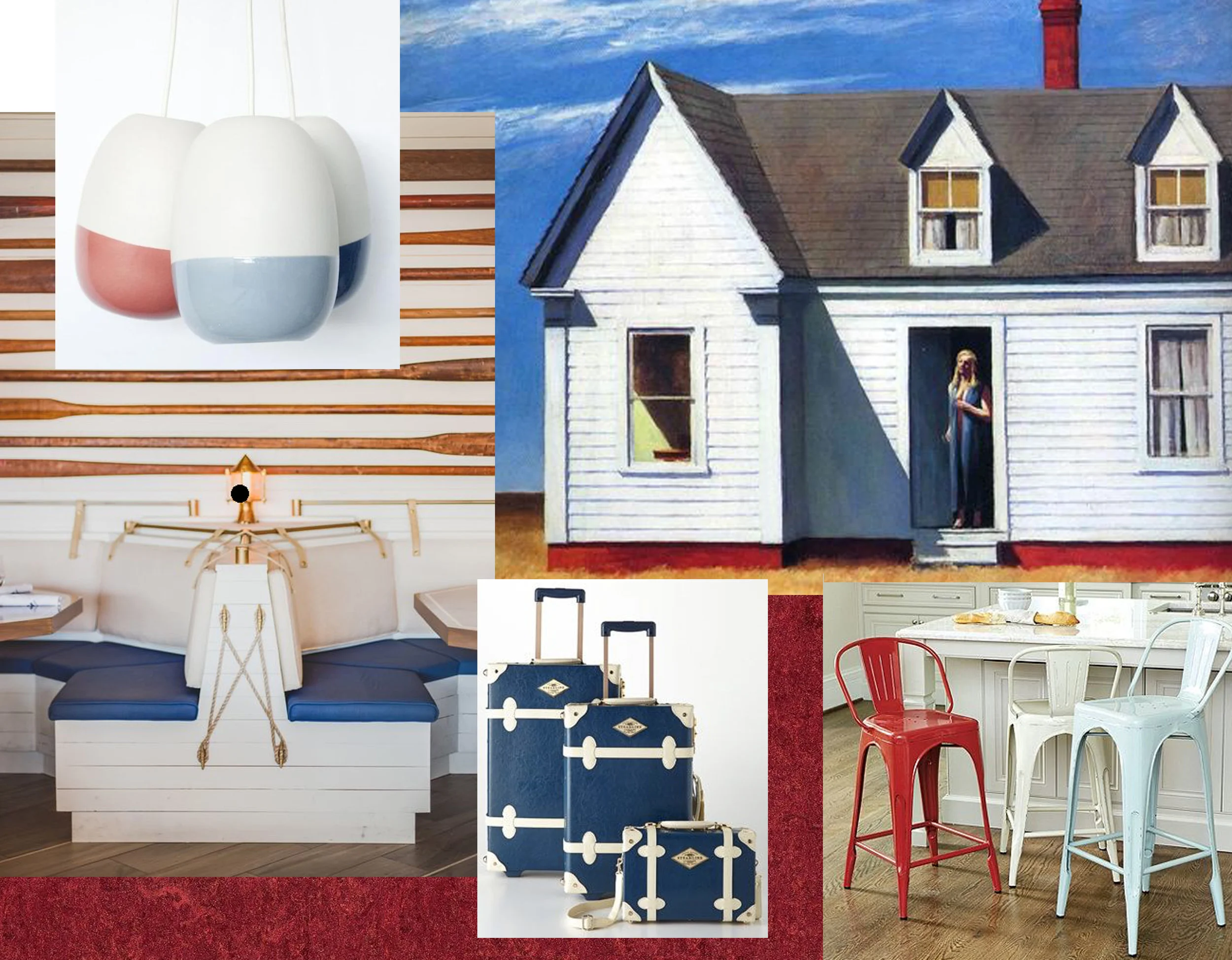 painting High Noon - The Yacht Club Petermax - Mariner Lamp via Remodelista - suitcases via Pinterest - Marian Metal Counter stool via Ballard Design