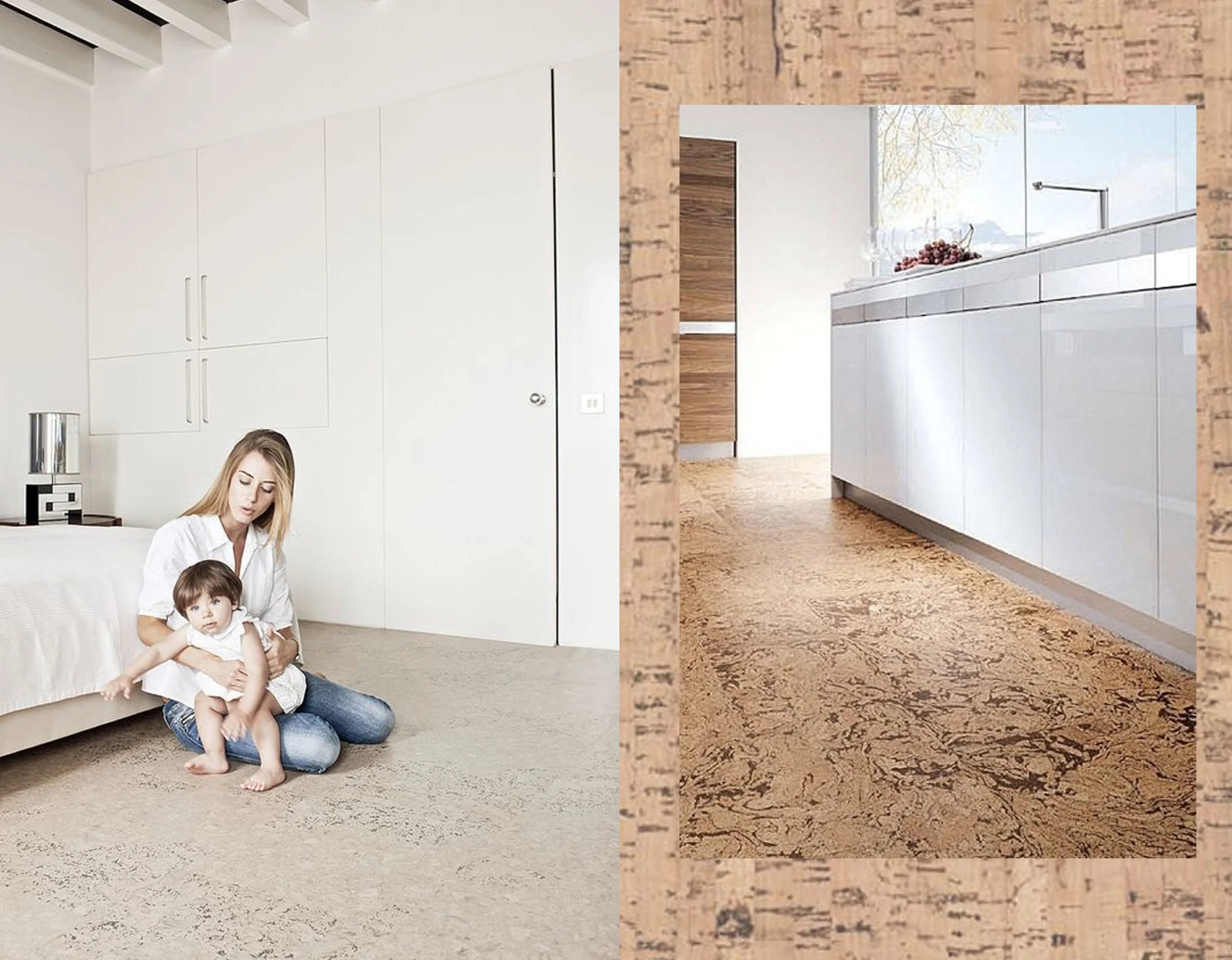 bedroom via Real Cork Floors - kitchen via Baby Green Design - cork floor Hard Floor Specialist