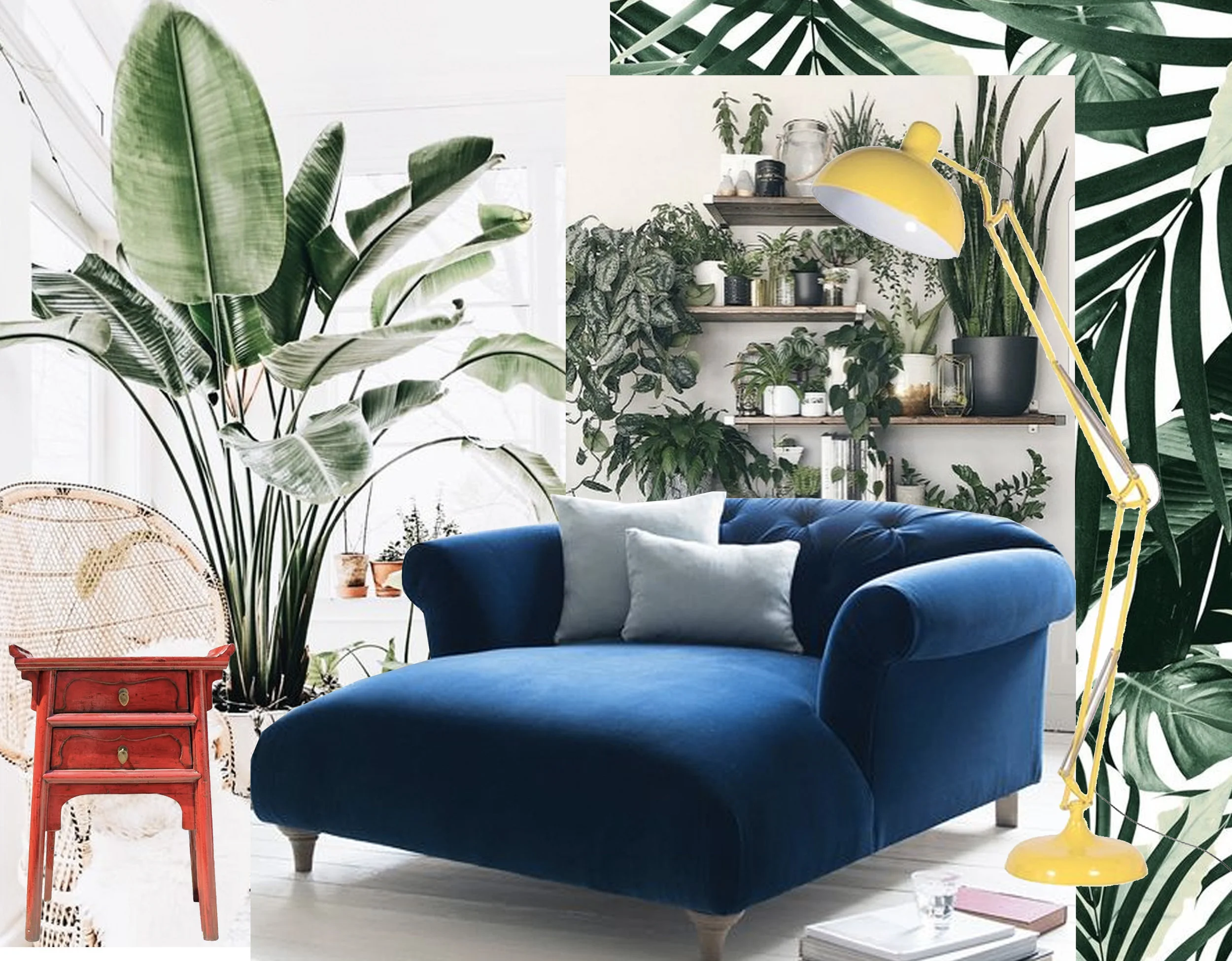 Dixie love seat Loaf - Tropical Jungle Leave pattern Society 6 - Chinese side table Chairish - standing lamp Funk Pop Art