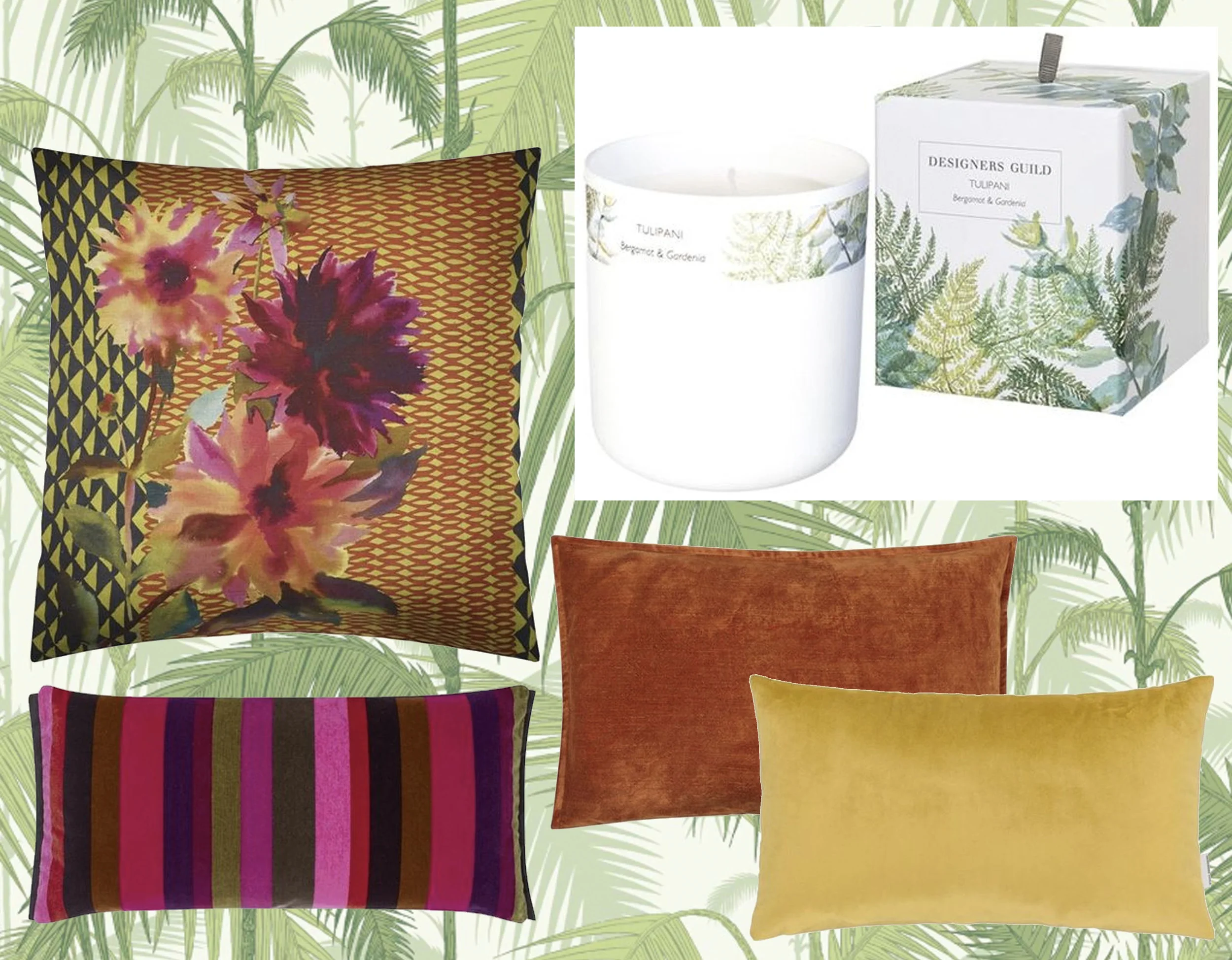 wallpaper Palm Jungle Cole & Son - cushions Designers Guild - fragranced candle Designers Guild