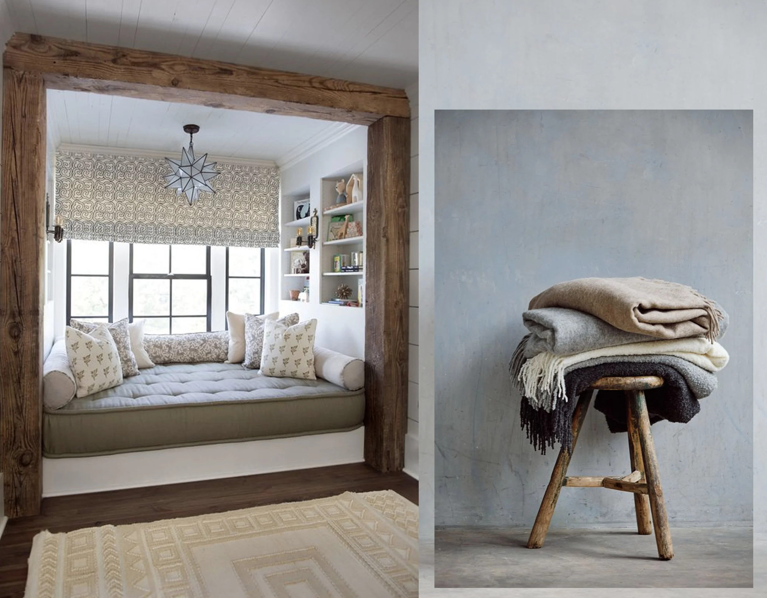 reading corner C loth & Kind - stool with throws via Online Stylist