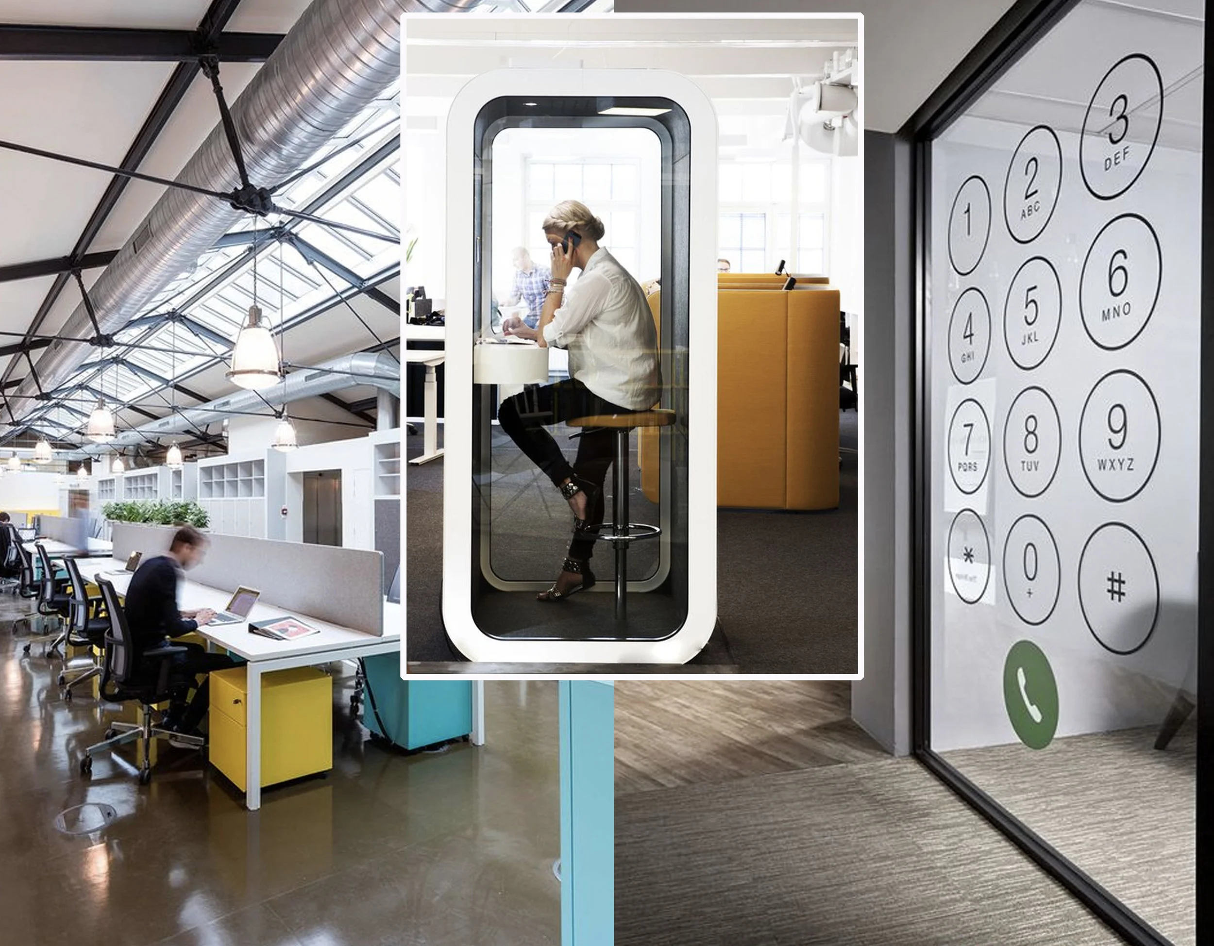 open workspace via Frame - phone booth via Design Pinn - private space via Window tint La