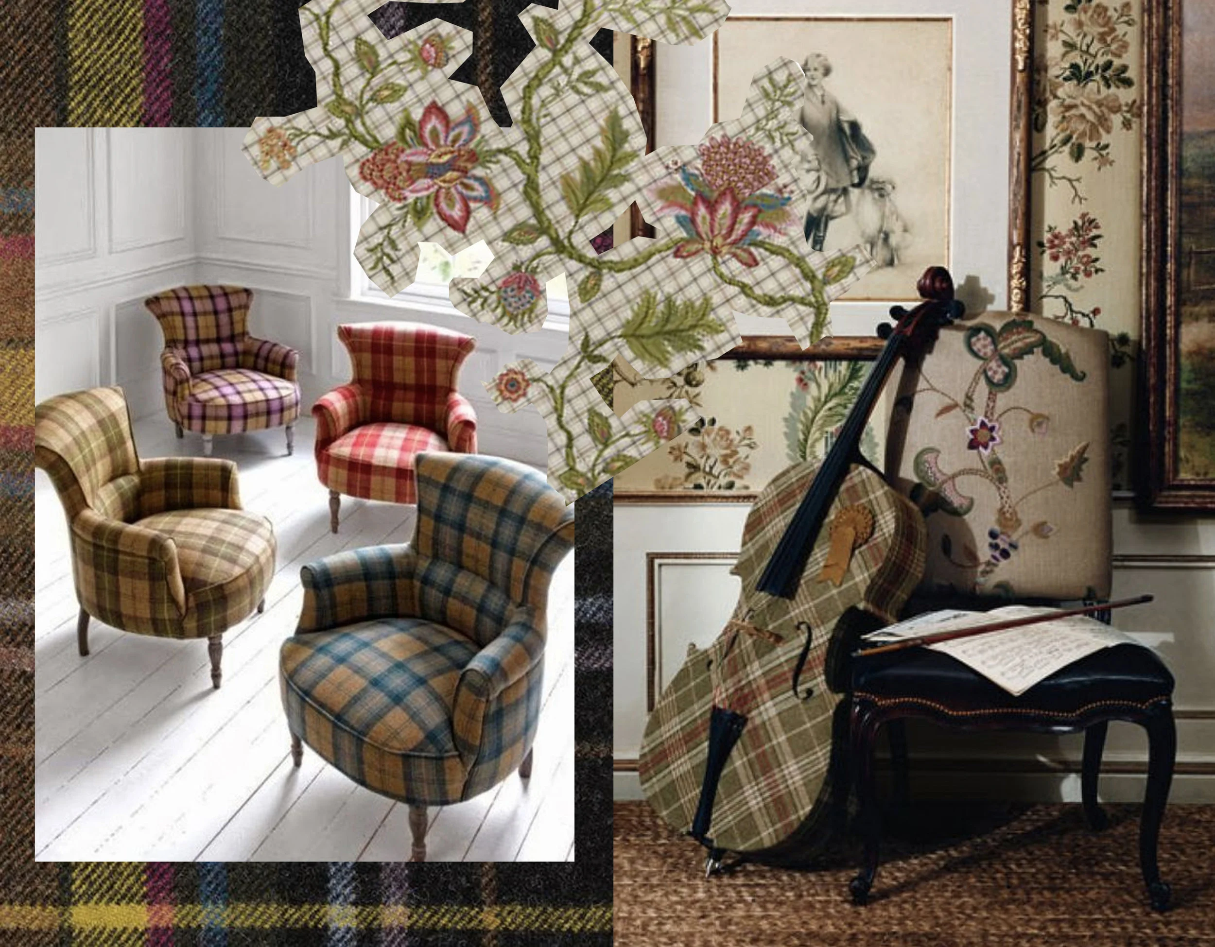 plaid fabric Paul Smith Maharam - interior with cello Ralph Lauren - embroidered fabric Rambouillet Pierre Frey