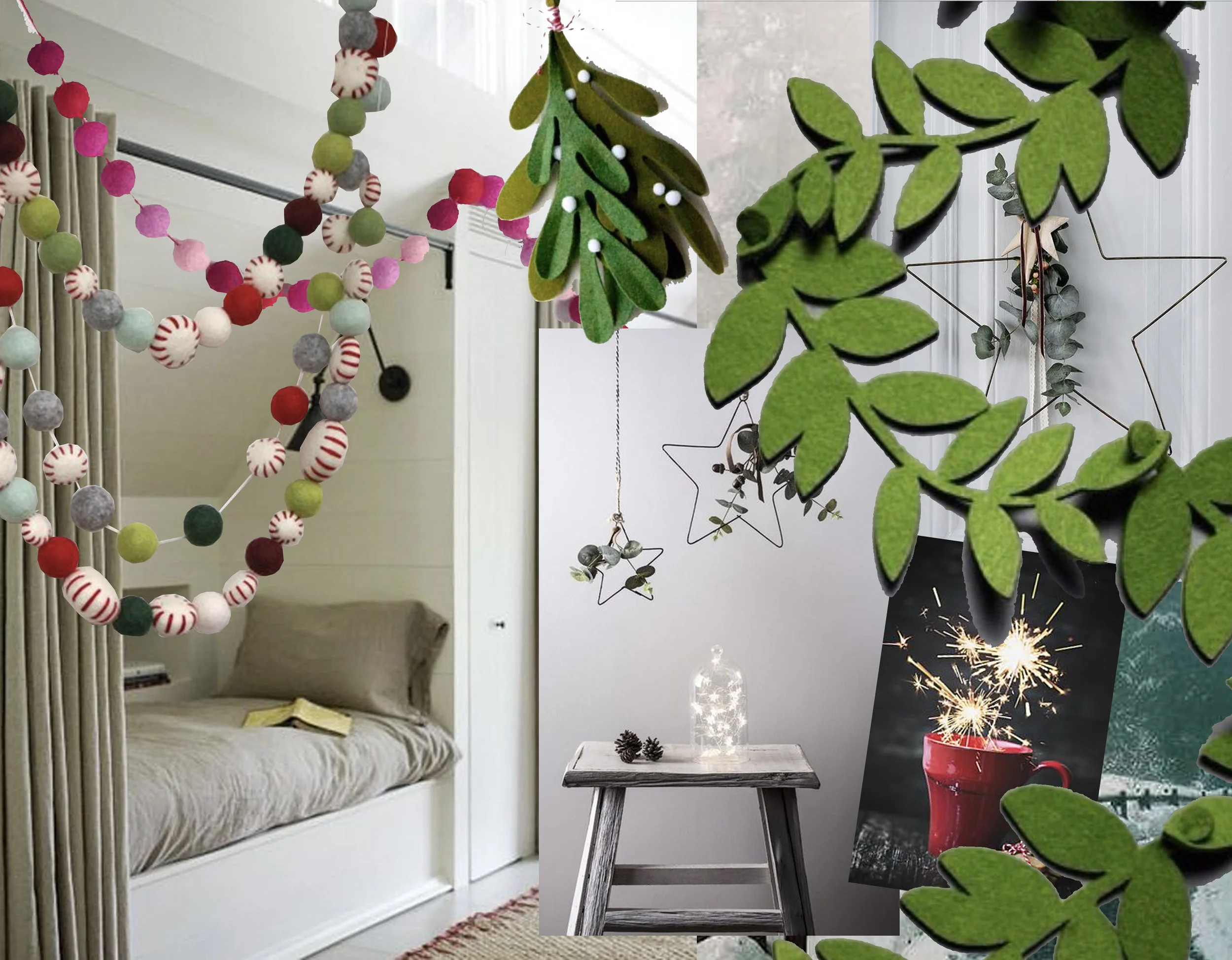 night area in the attic via Jessica Paster - colorful garland Schnuffelinis - red and pink garland World Market - felt mistletoe via Instagram - green leaf garland Bazaartme - Christmas star via Indigo Plaza Decor -