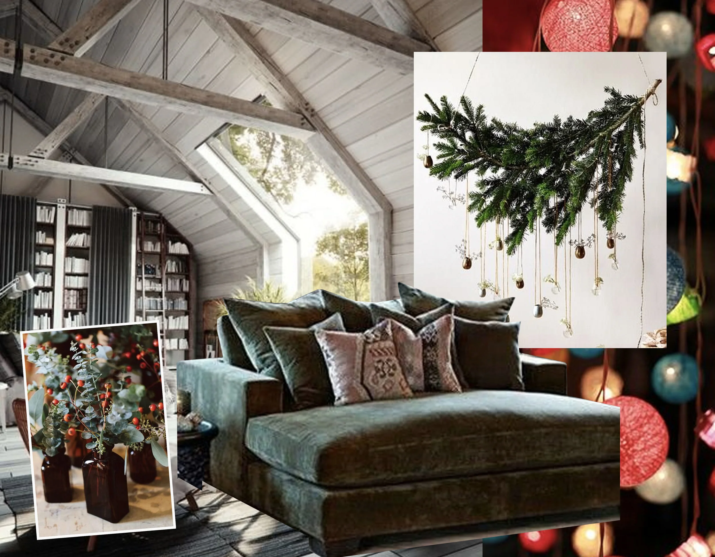 attic via Tumblr - Christmas decor via Futurist Architecture - colorful lights via Flickr -