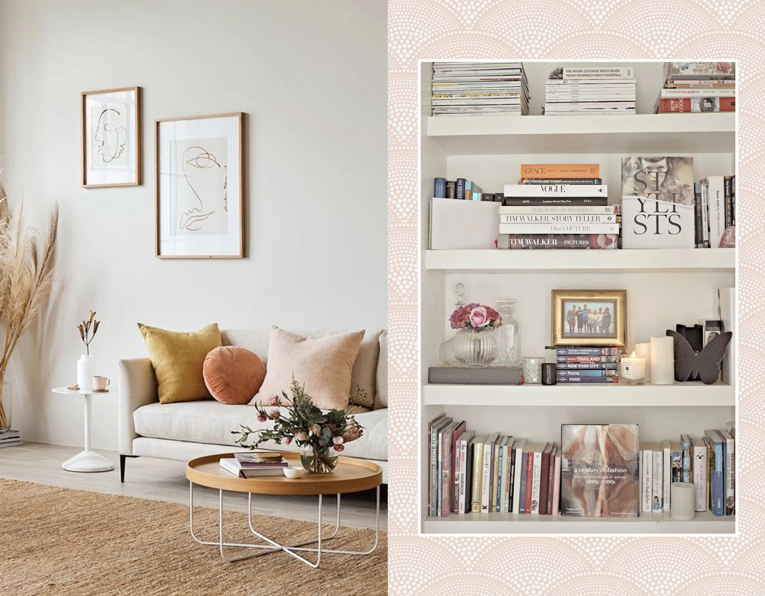 living room via Boca da Loba - bookcase via Fashion Mumblr - wallpaper in the back Feather Fan Cole & Son