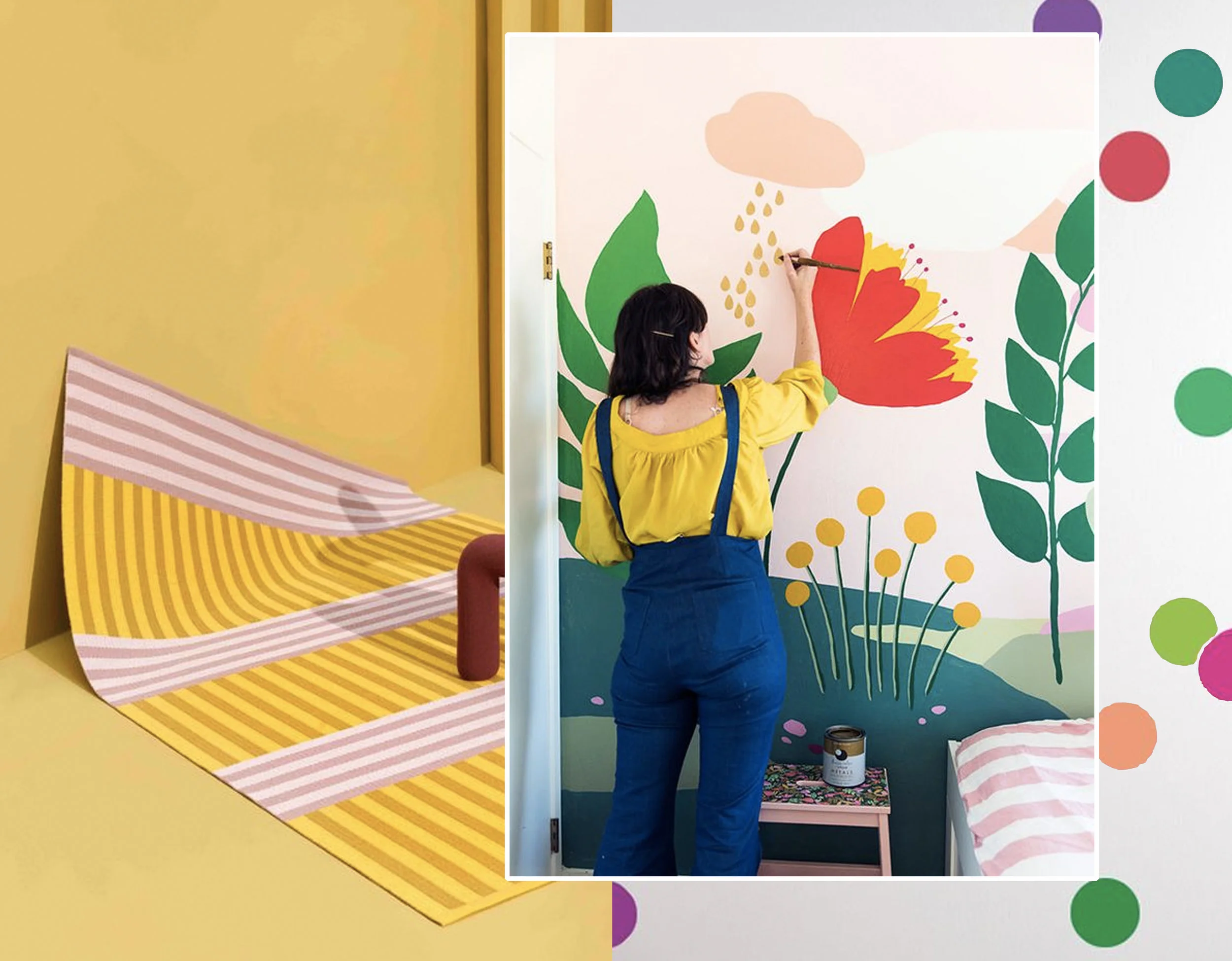 Striped rug of Kasthall via Designboom - painting your own mural via The Budget Decorator - Polka Dots Walls Dressed Up