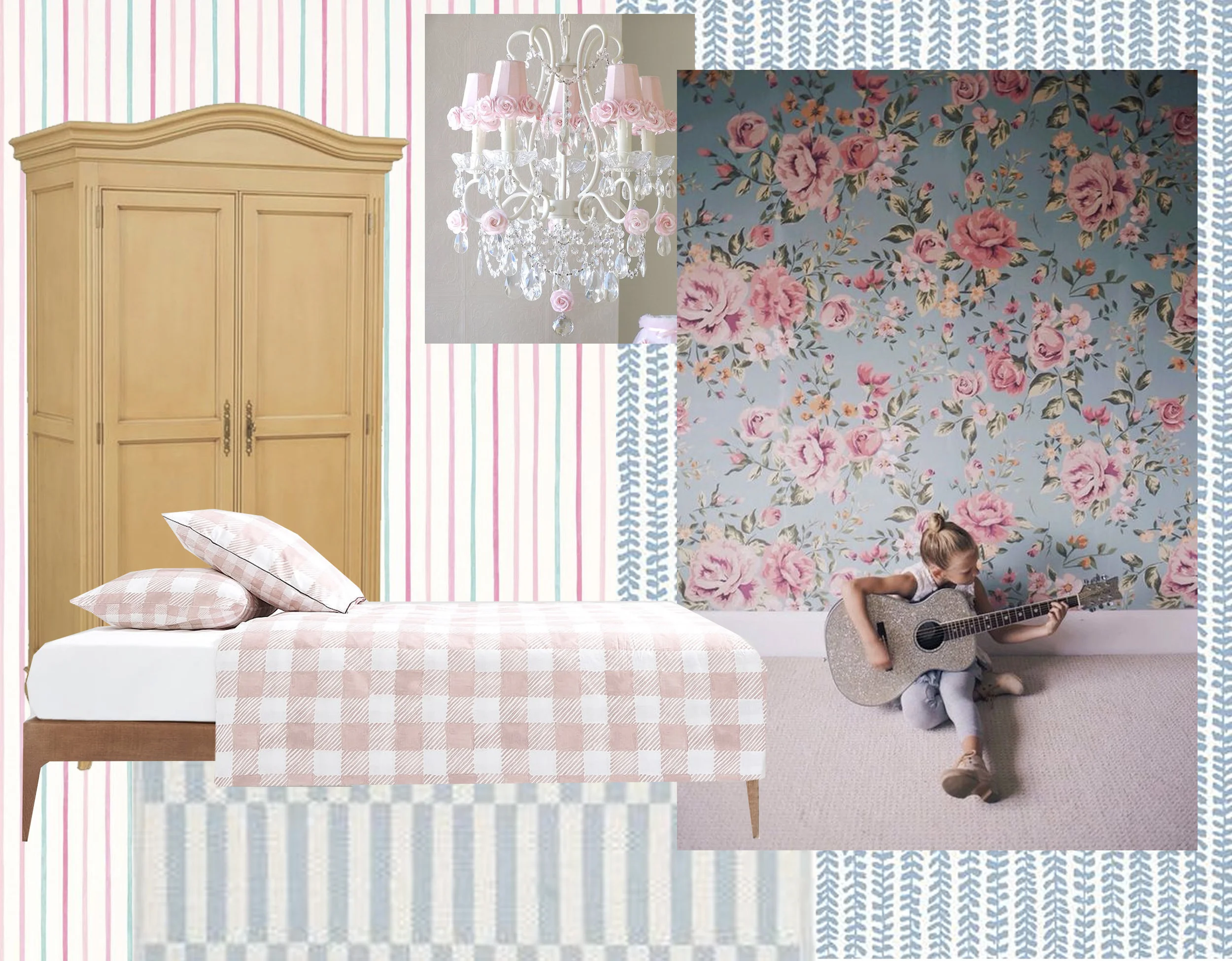 Painterly Stripe wallpaper Laura Ashley - Narragansett wallpaper Thibaut - yellow closet Retro Boutique - Two-Tone Check duvet cover Zara Home - white chandelier Jack and Jill Boutique - Cutesie Floral mural Project Nursery