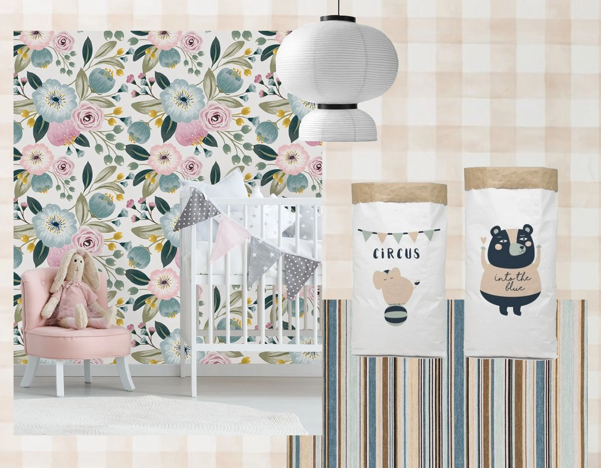 checked wallpaper Magnolia Home York Wallcoverings - lamp Formakami by Jaime Hayon for &Tradition - peel and stick wallpaper Milky Way Decor - Elana Striped rug Chairish - paper storage bags Really Nice Things