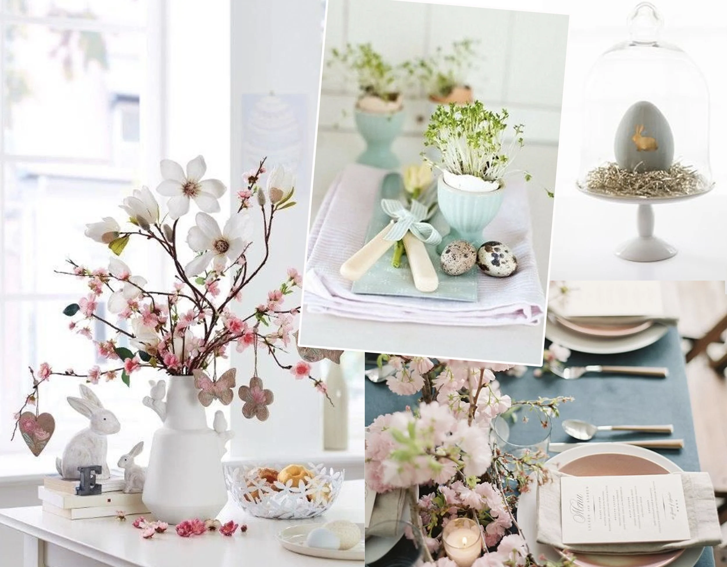 Easter table setting via Alexandra Barva - Easter breakfast via La plante qui pousse - minimalist Easter egg via Eighteen 25 - pastels for Easter table setting via Pinterest