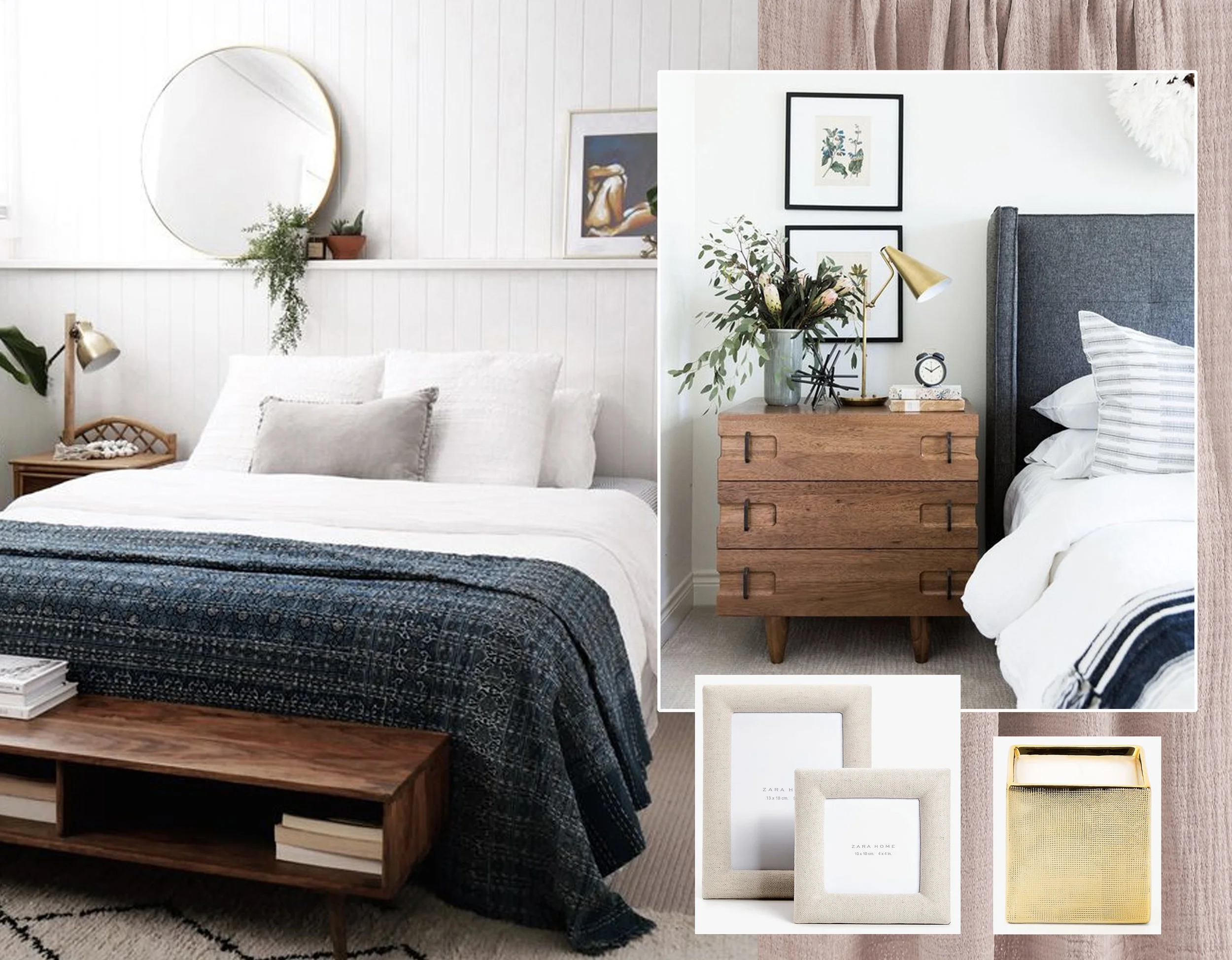 bedroom via Style Curator - nightstand via McGee and Co - picture frames and candle Zara Home