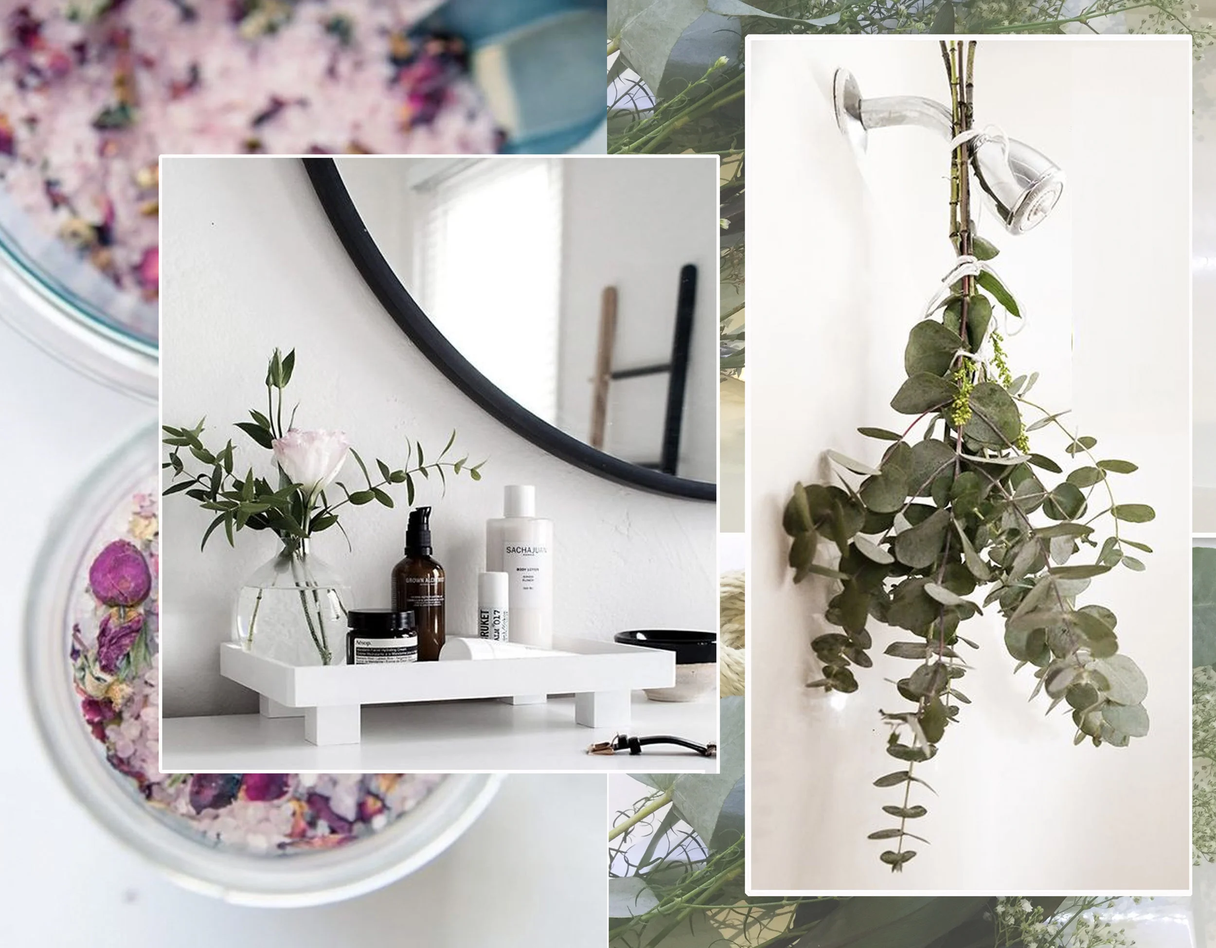 bath salt vis Sisoo - vanity tray via Homeyohmy - eucalyptus in shower via Astuces de Grand-mere