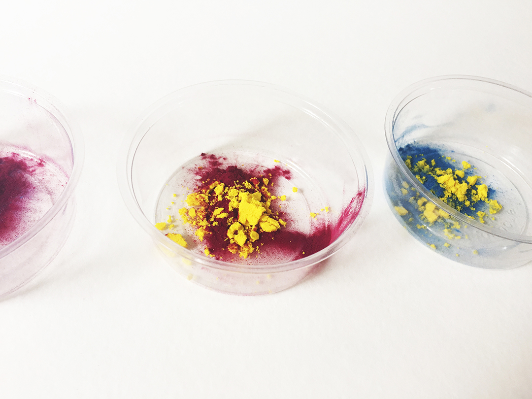 Blending ColorKitchen's primary colors will give you a rainbow of hues. Beet red and yellow make a vibrant orange, yellow and blue turn into a mint green, and blue and beet red create a lovely lavender purple.