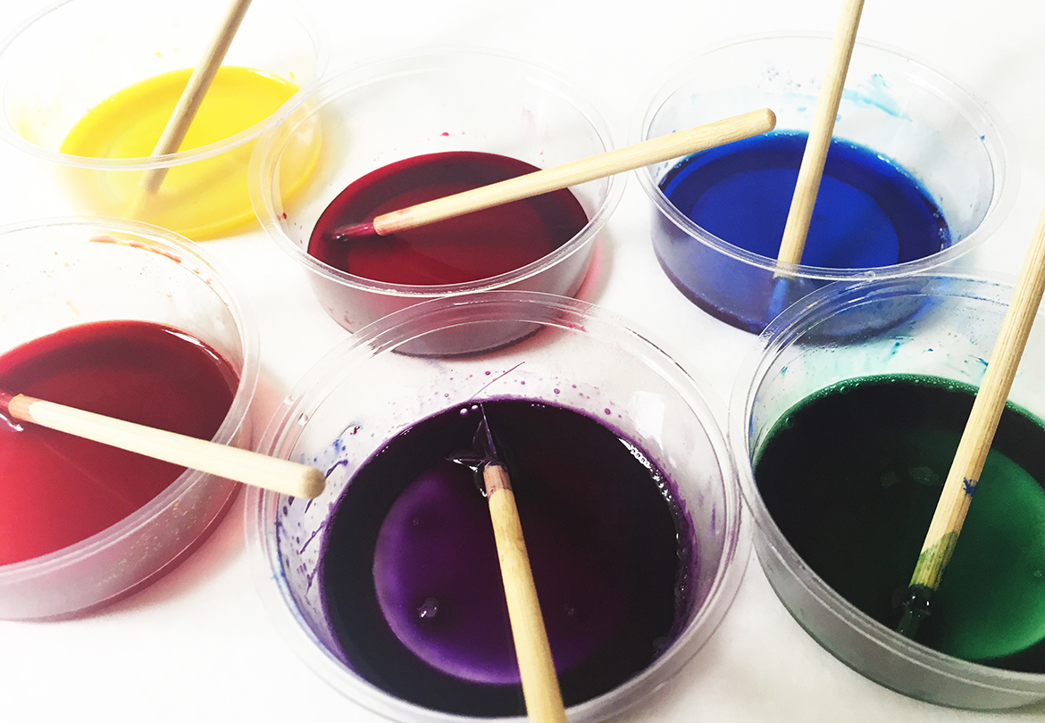 Mix the colors with a couple drops of water to prepare them to be added to the pancake mix. Because these are liquid, making your batter on the thick side will help keep your pancakes light and fluffy.