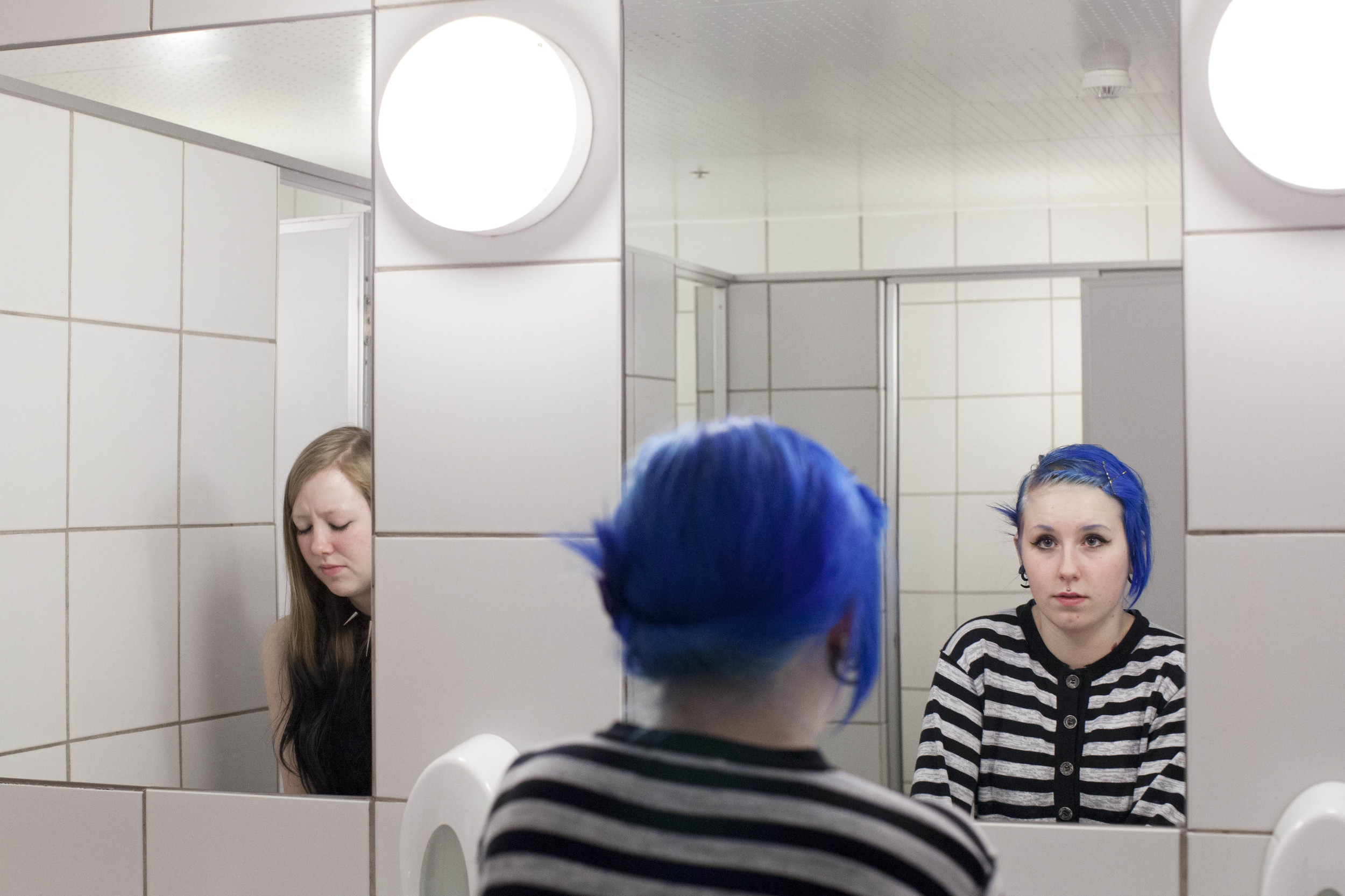  Kristin "Billy" Benjaminsen and Henriette Prytz at the public toilet downtown Stavanger. 