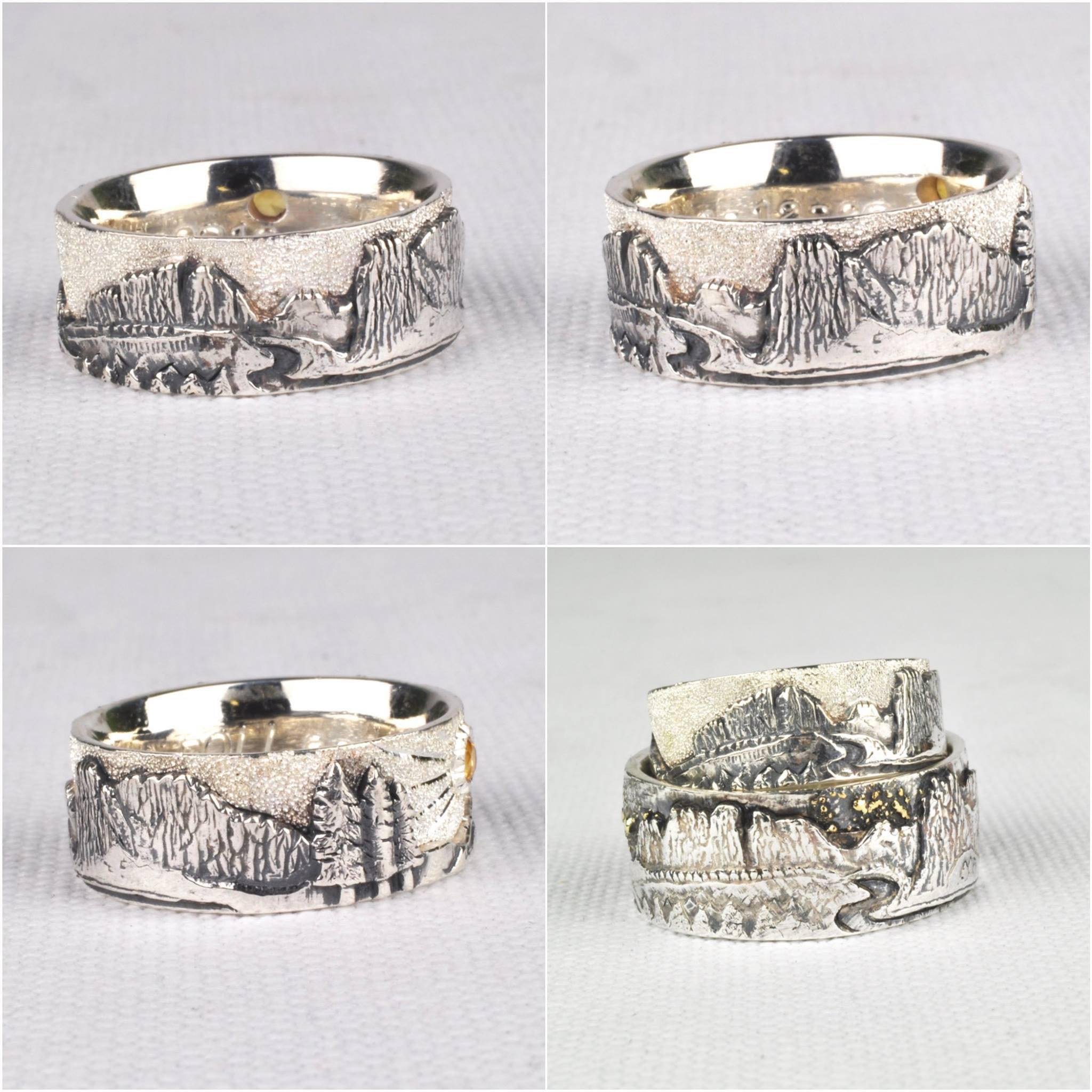 Smith Rock State Park in Terrebonne, Oregon is a fascinating place that inspires all kinds of people from around the world! This wedding set dates back to 2016. Hand carved in wax, cast in silver.
