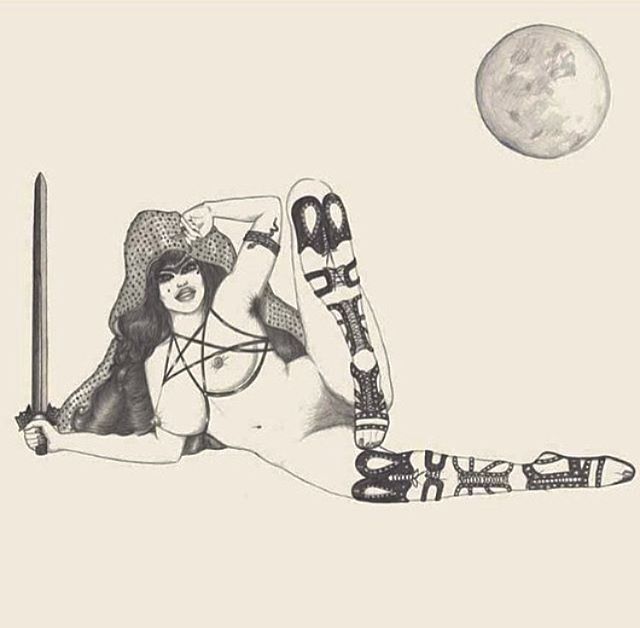 This fool moon has got me feeling witchy ~ #goddess #warrior #glamazon #unibrow #femme #fullmoon #illustration  #fashion #pinup #bodypaint #hirsuteheroines #hirsute #girlpower #erotic #eroticart #witchcraft