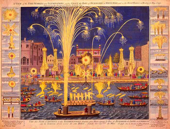 A VIEW of the FIRE-WORKES and ILLUMINATIONS at his GRACE the Duke of RICHMOND'S at WHITEHALL and on the River Thames on Monday 15 May 1749.