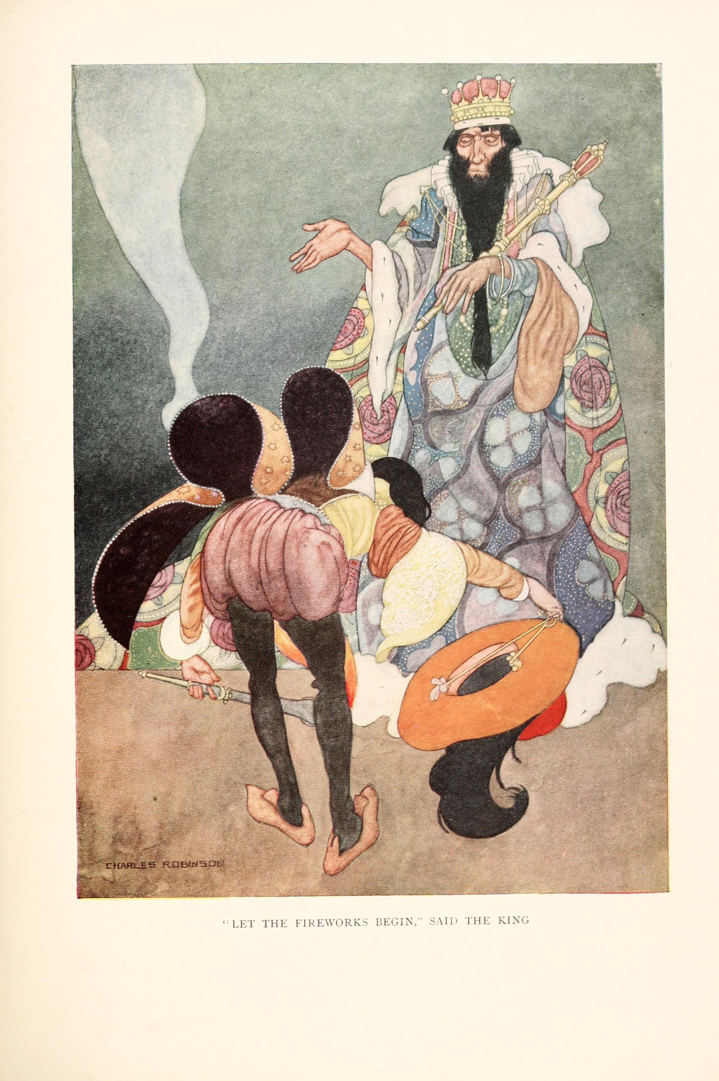 Let the firework begin, said the king. Illustration to Oscar Wilde's The Happy Prince and Other Tales , by Charles Robinson. 1913.