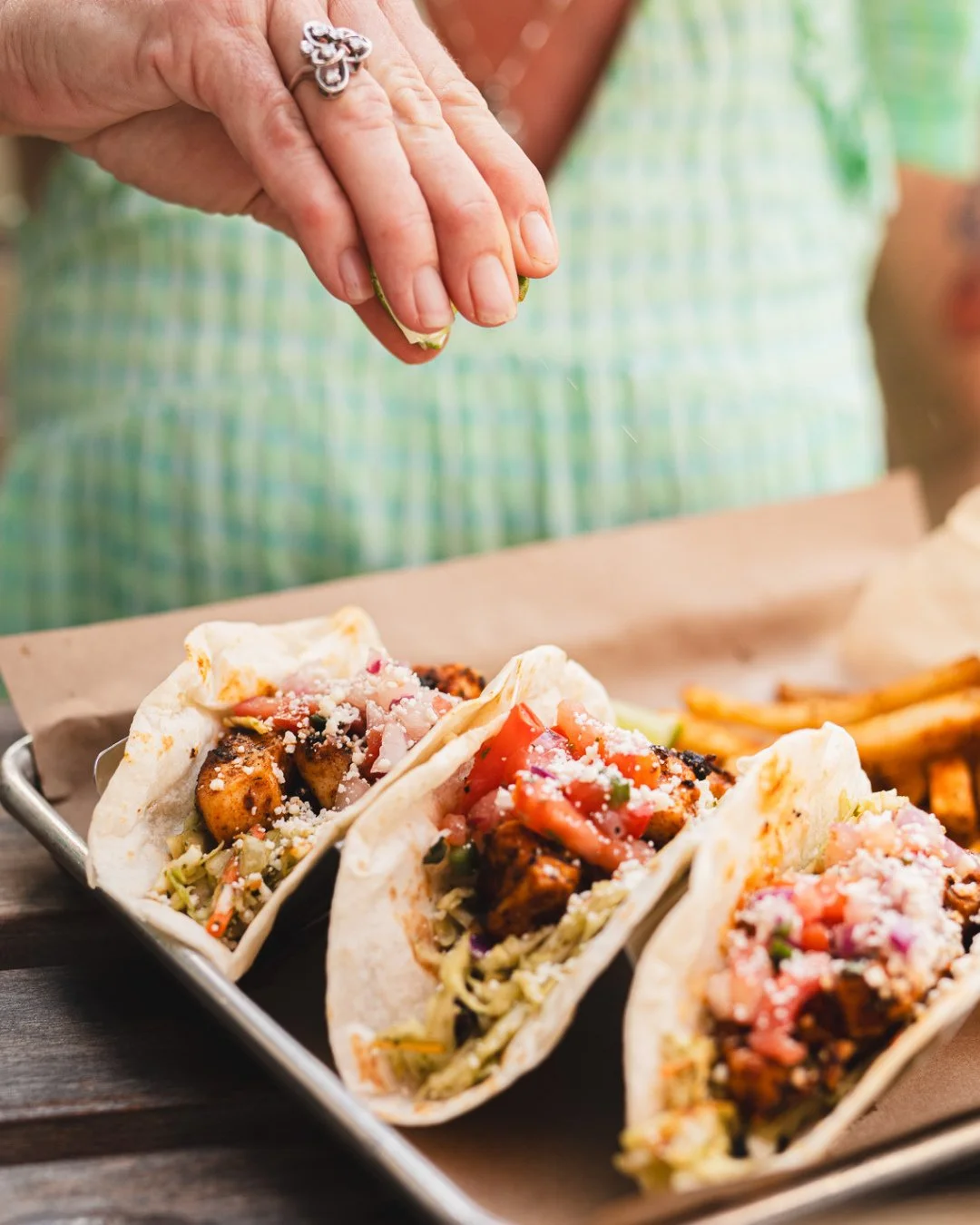These tacos? Certified beach day energy. 🌮☀️⁠
Blackened mahi or shrimp, creamy avo slaw, pico, cotija, and fries.⁠
⁠
You may not be at the beach, but your plate didn&rsquo;t get the memo.⁠
Perfect for summer. Even better with a marg. 🍹⁠
⁠
📍Catch '