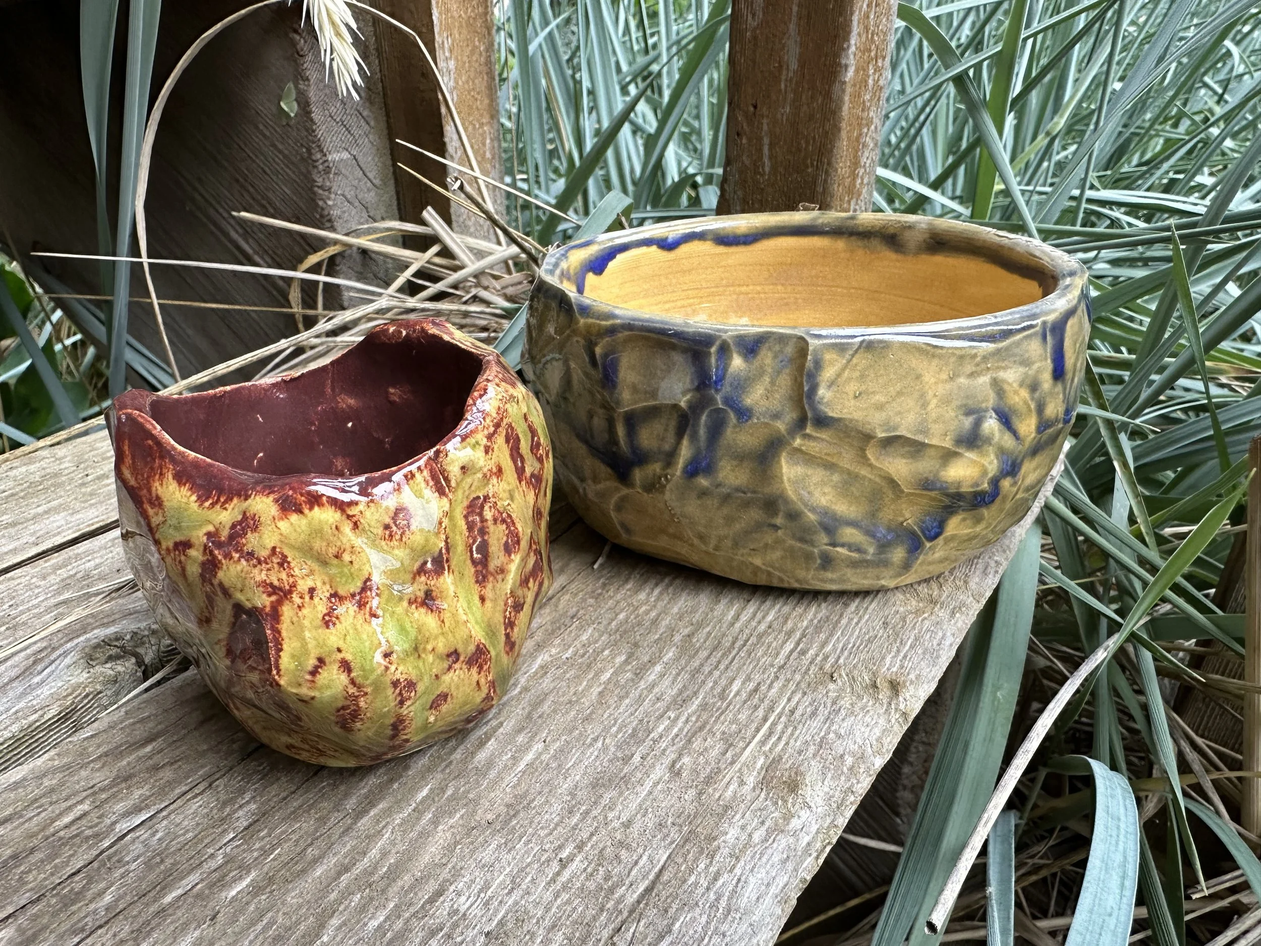 Two ceramic vessels sitting on a wooden stair with grasses behind them.