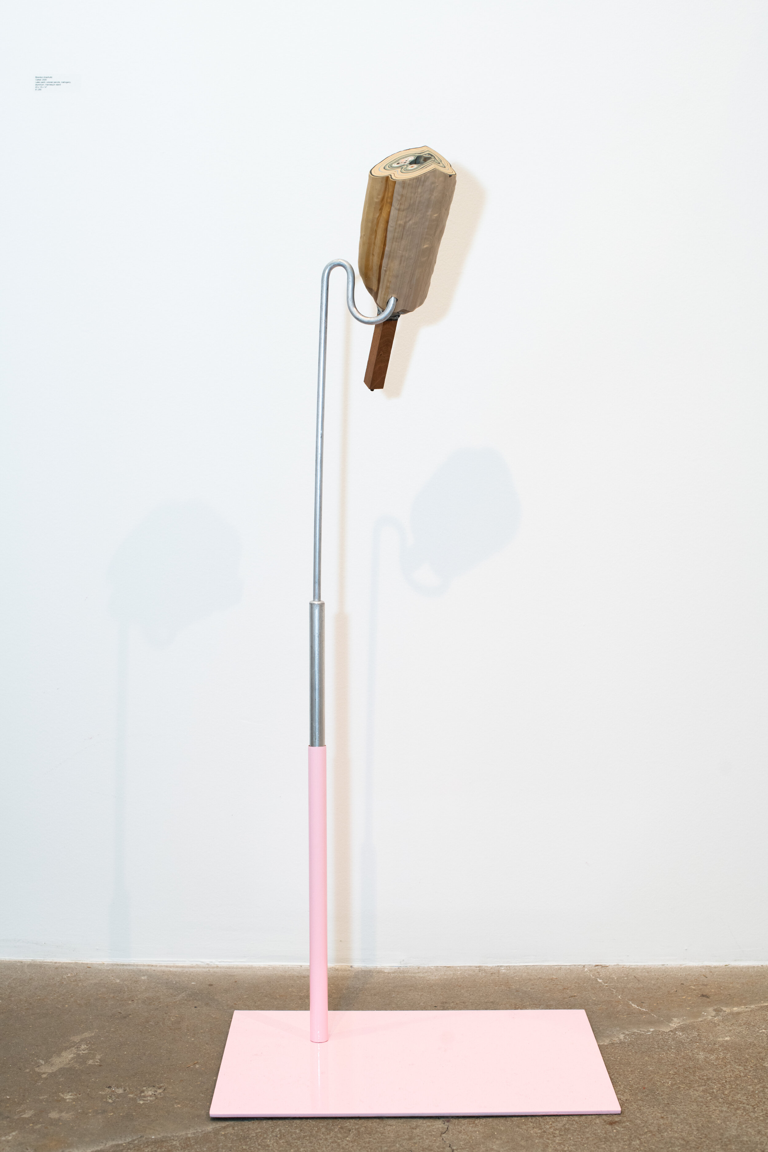  Brandon Anschultz   Cattail , 2020  Latex paint, colored pencils, mahogany, aluminum, mannequin stand  43 x 18 x 14 inches.  $1,250 