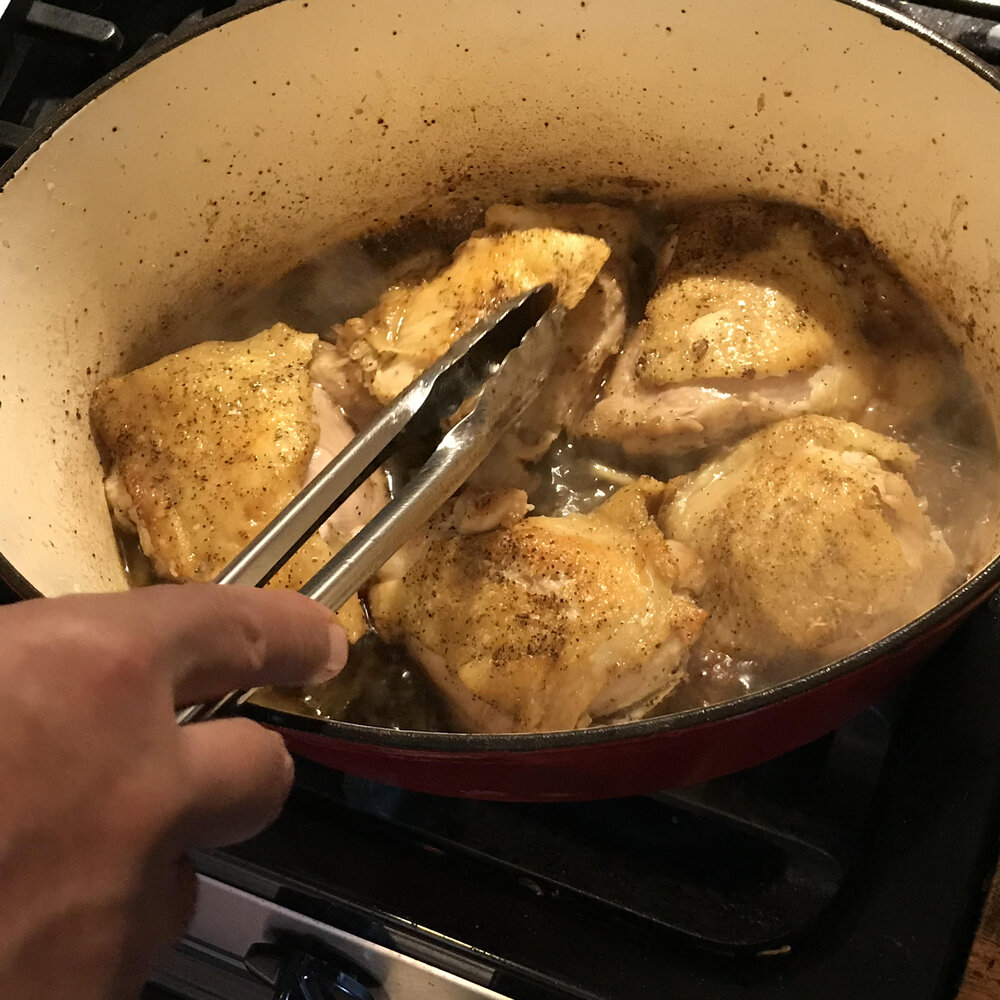 17. Add the seared chicken and cook slowly