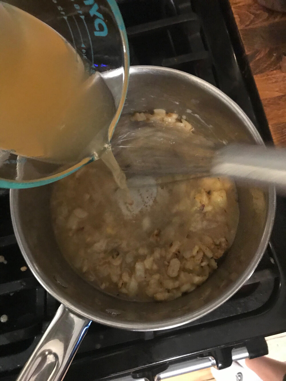 Add the stock while whisking to avoid lumps.