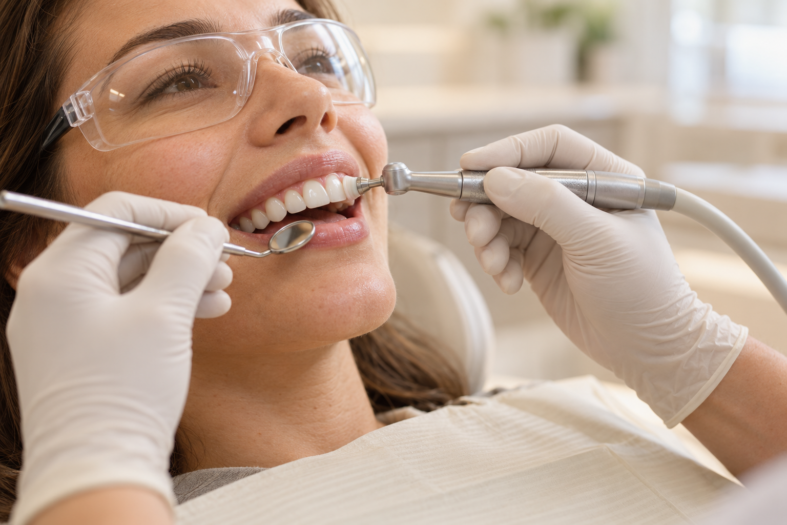 Multiple hands holding various personal care items including a white container labeled 'CANDID', clear dental aligners, and a bottle of teeth whitening spray against a light blue background.