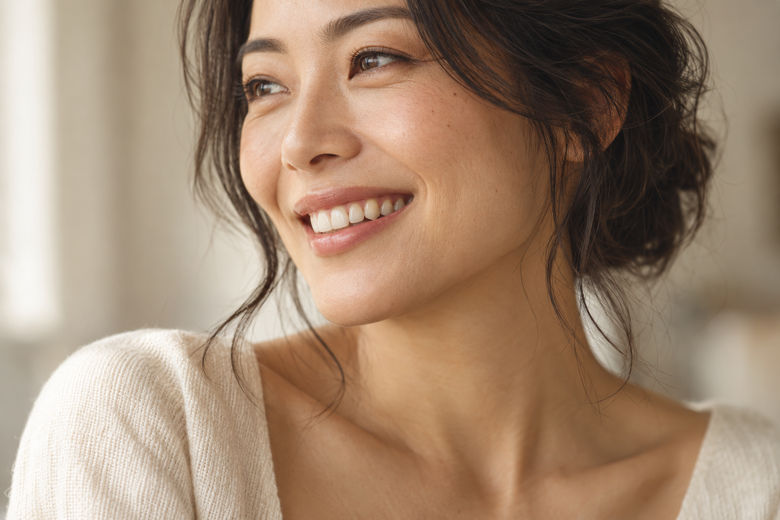 A woman with long brown hair smiling with closed eyes, touching her cheek with her hand, against a plain beige background.