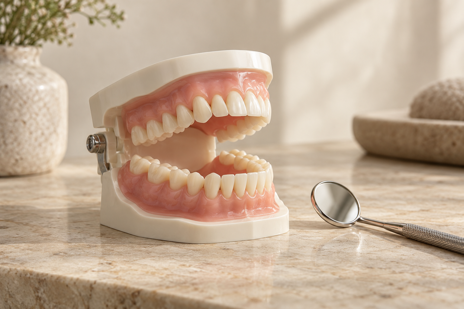 A dental professional holding a dental model and pointing at it with a pen.