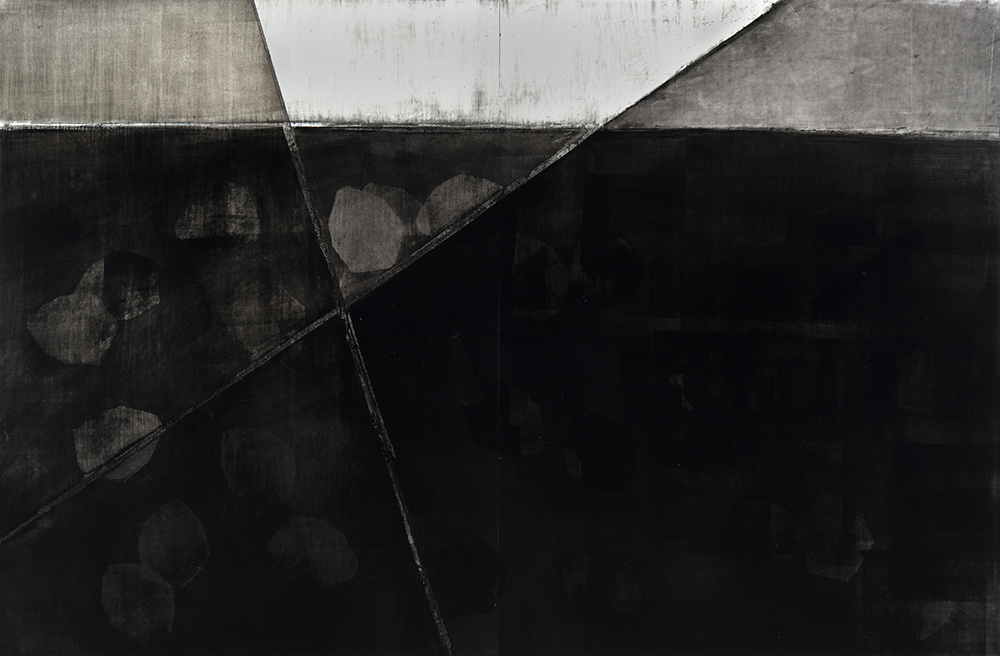 Volcanos intersecting underground 25" x 38" acrylic and graphite on polypropylene