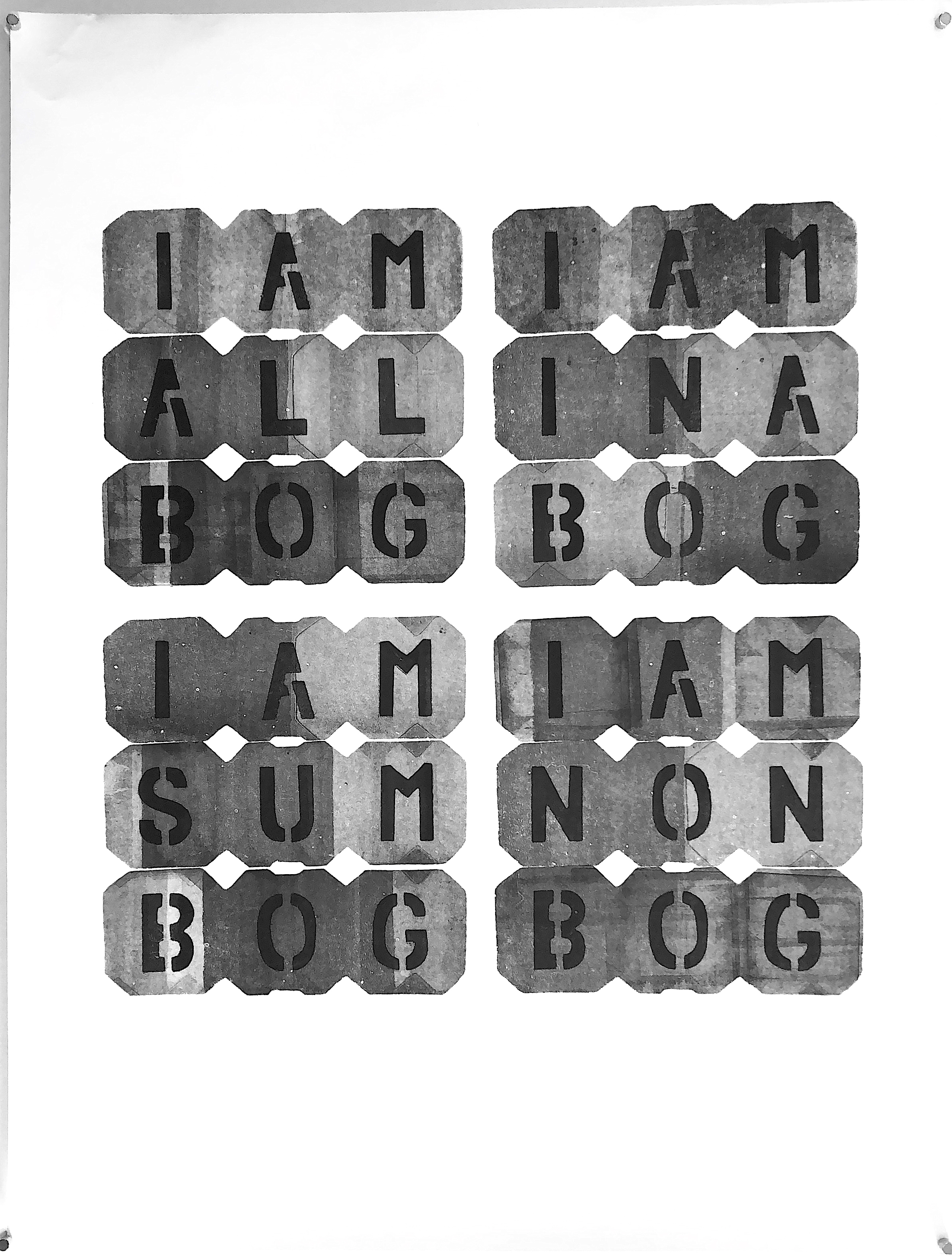 IAMALLBOG - 2018, acrylic on paper, hand-cut stencil. 25” x 19”