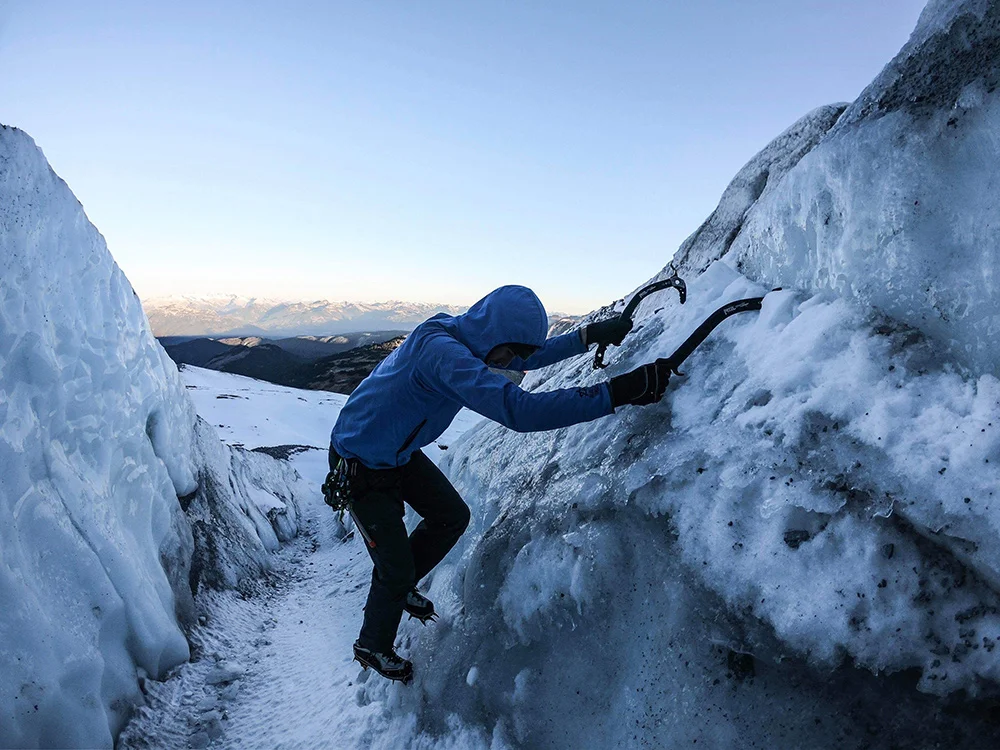 Playing around on the glacier in the morning light. Photo: Eric Carter