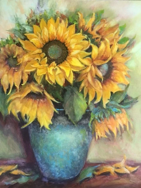  "Sunflowers in Turquoise Pot"  16"x 20" watercolor on Aquabord with clear acrylic finish   SOLD  