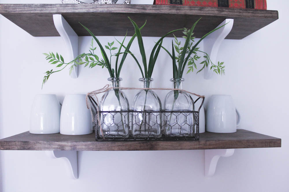  3 glass vases with wire basket: TJ Maxx  Greenery: Michael's Craft Store 