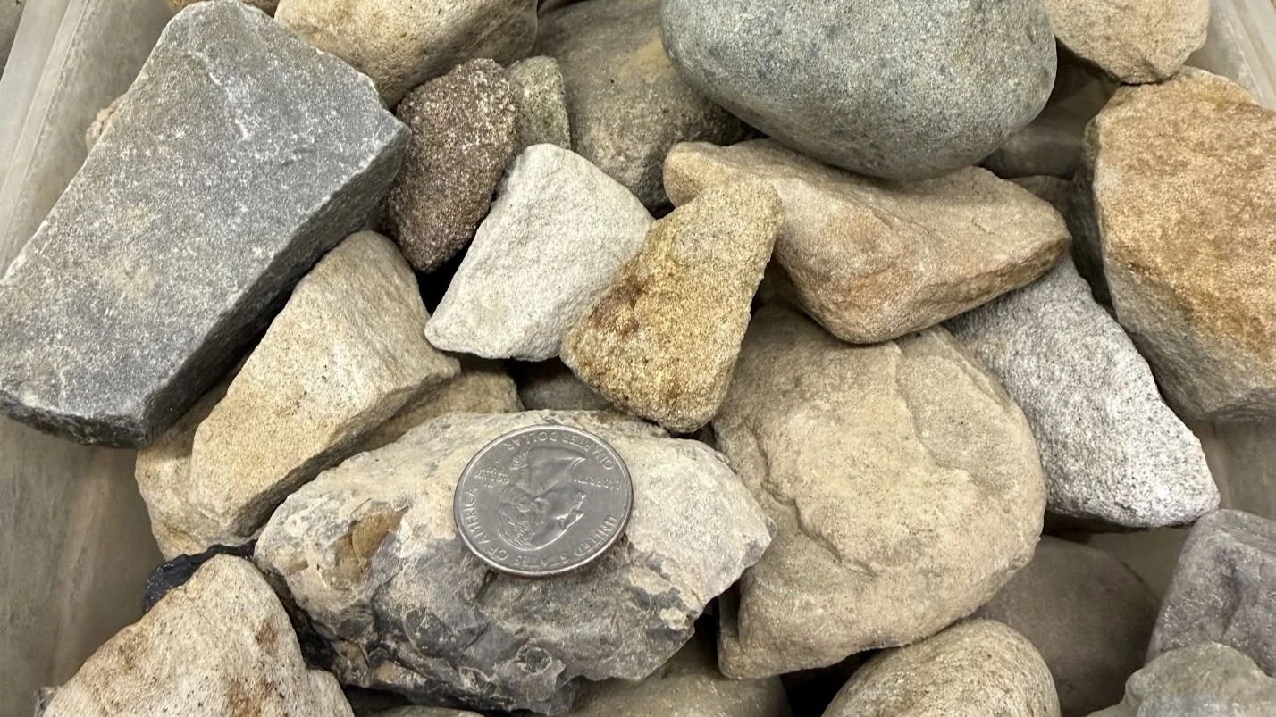 Various sizes and colors of rocks, with a U.S. quarter for scale.