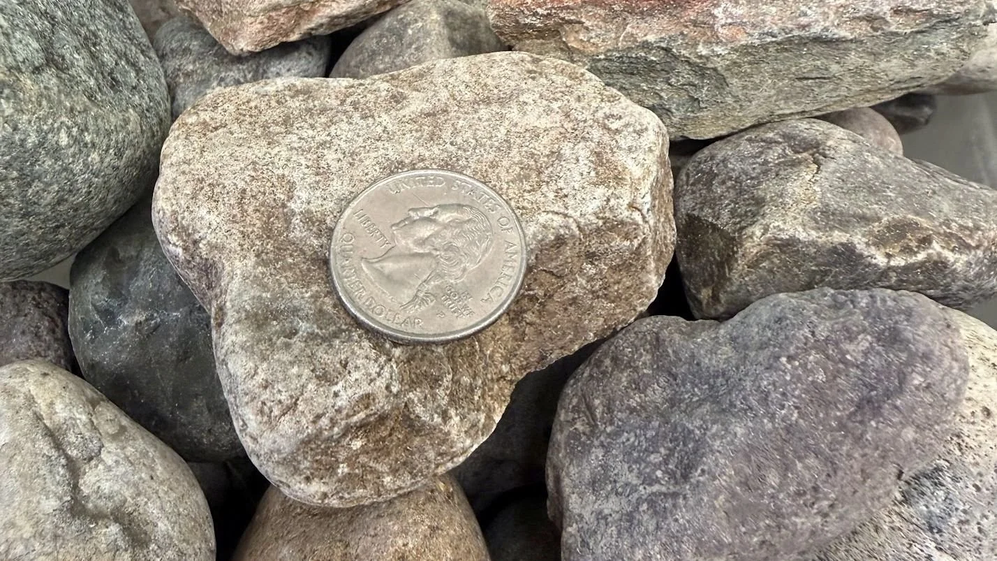 A U.S. quarter dollar coin on a large, rough rock among smaller pebbles in a pile of rocks.
