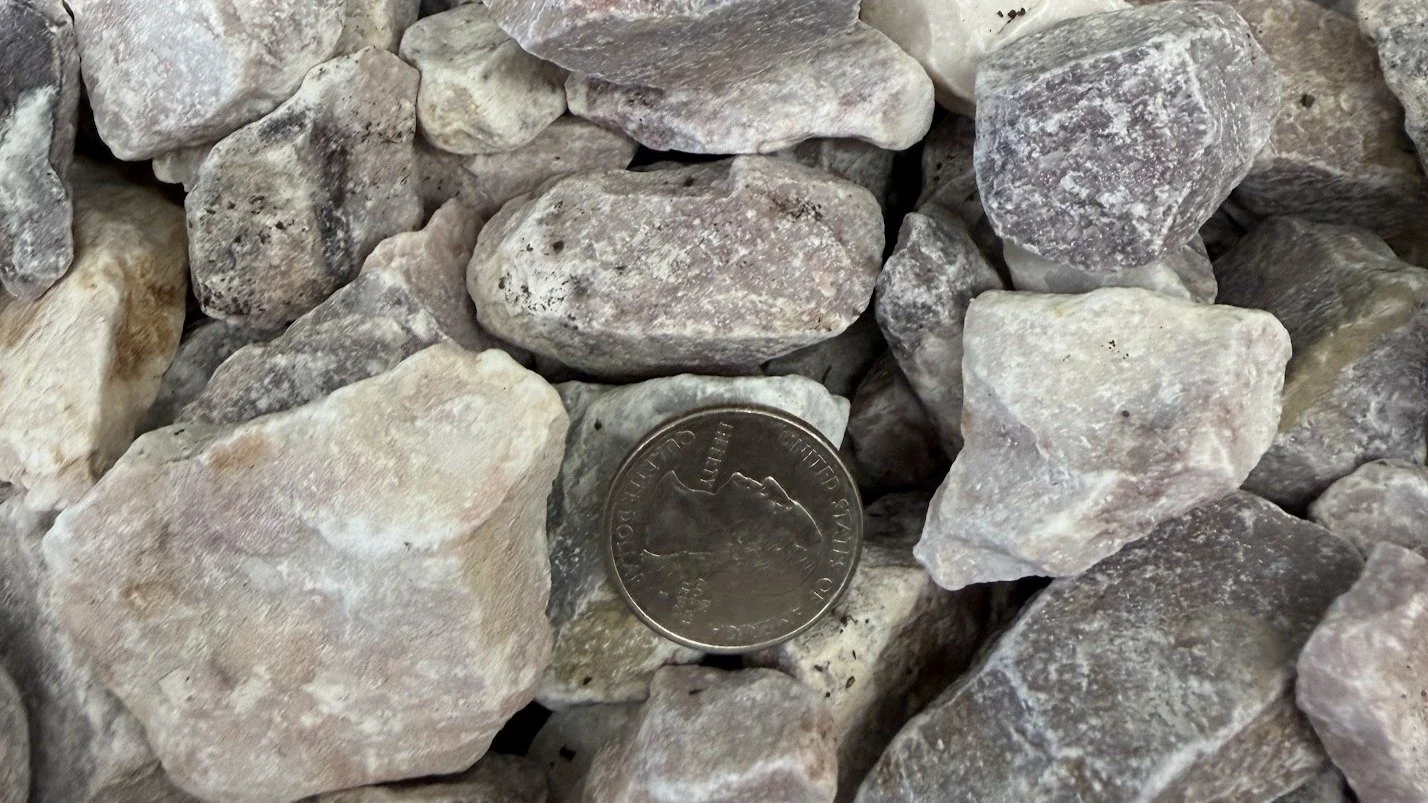 A close-up of a pile of light-colored rocks with a quarter dollar coin for size reference.