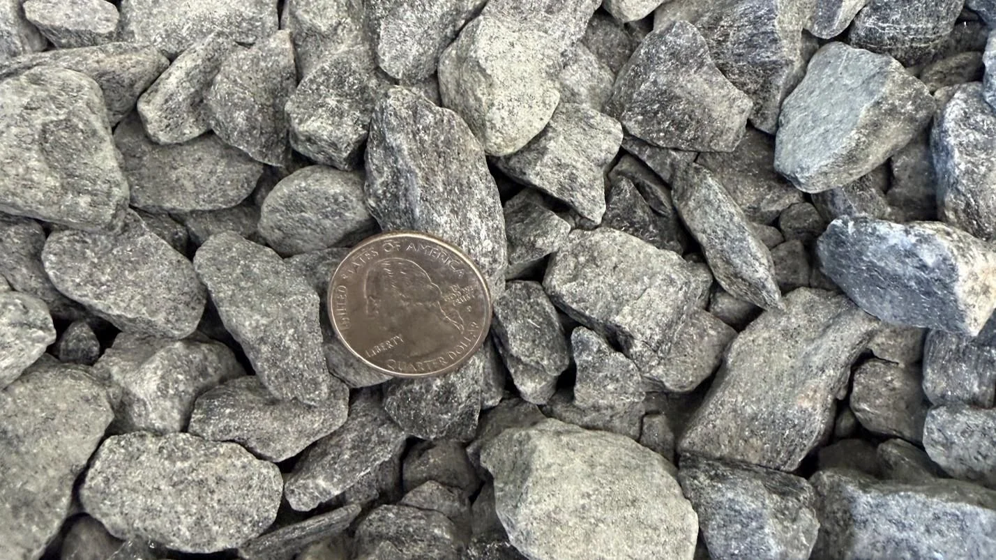 Assorted gray rocks surrounding a US quarter for size comparison.