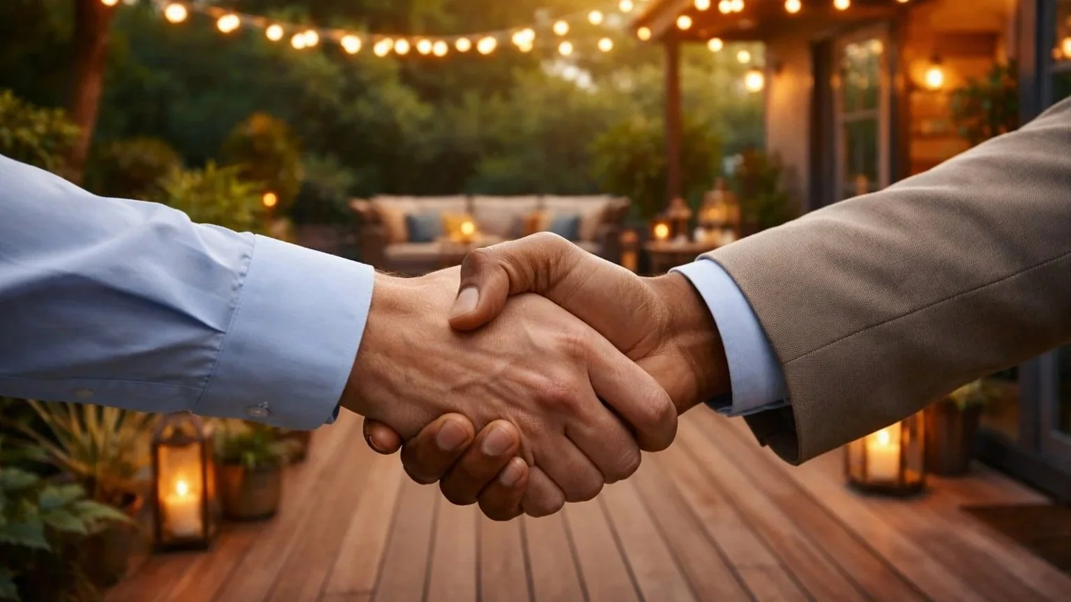 Close-up of two people shaking hands outdoors in the evening, with string lights and lanterns illuminating a wooden patio area.