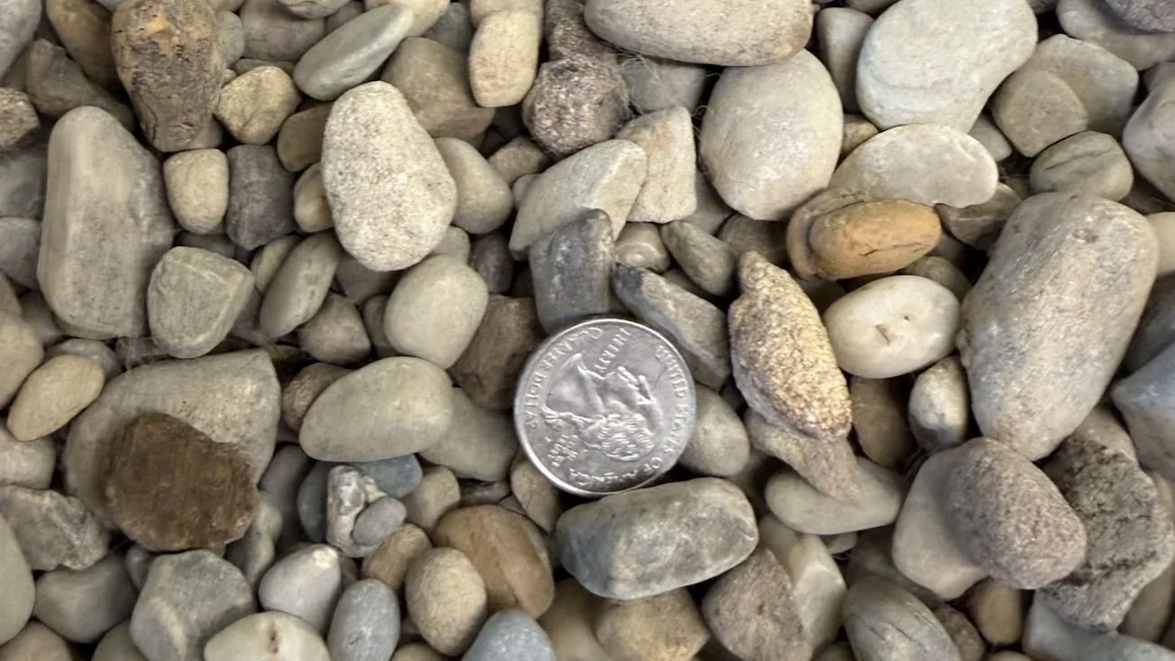 A quarter coin placed among small, smooth, multicolored pebbles.