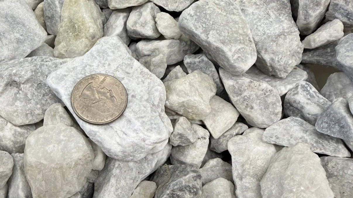 Close-up of small white rocks and gravel, with a US quarter coin on top for scale.