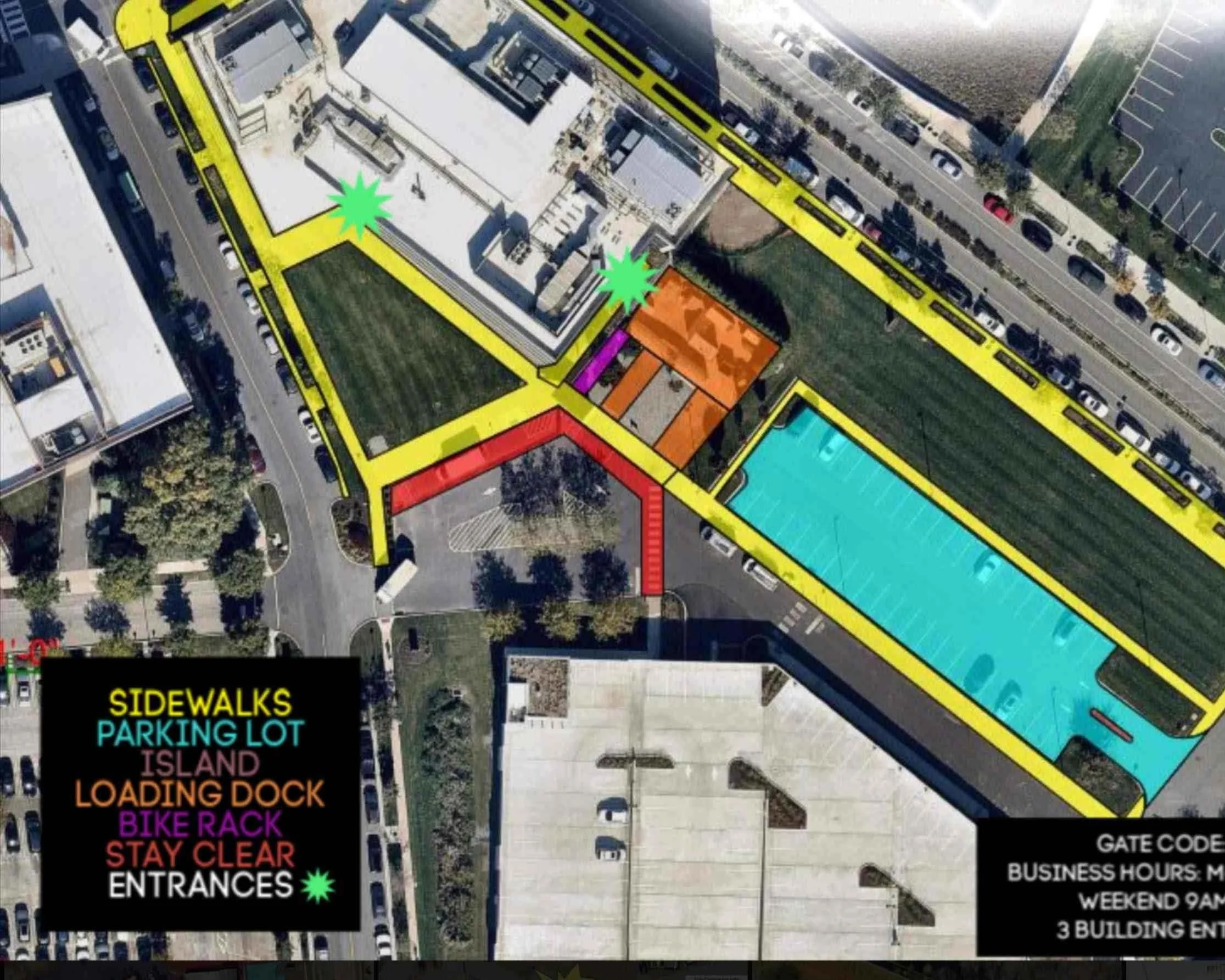 Aerial view of a designated area with color-coded zones including sidewalks, parking lot, island, loading dock, bike rack, and entrances, marked with instructions and symbols.