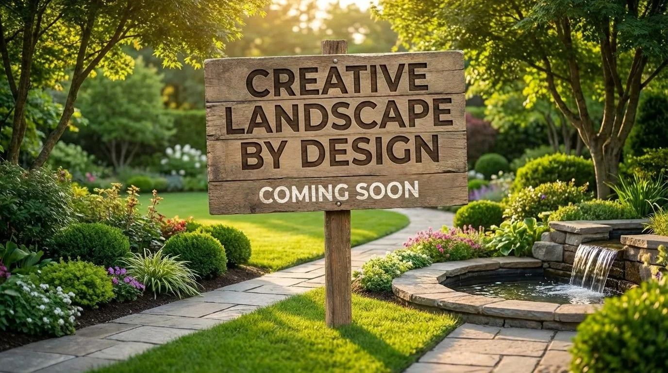 A wooden sign reads 'Creative landscape by design coming soon' in a lush, landscaped garden with a stone pathway, trees, colorful flowers, and a small water fountain.