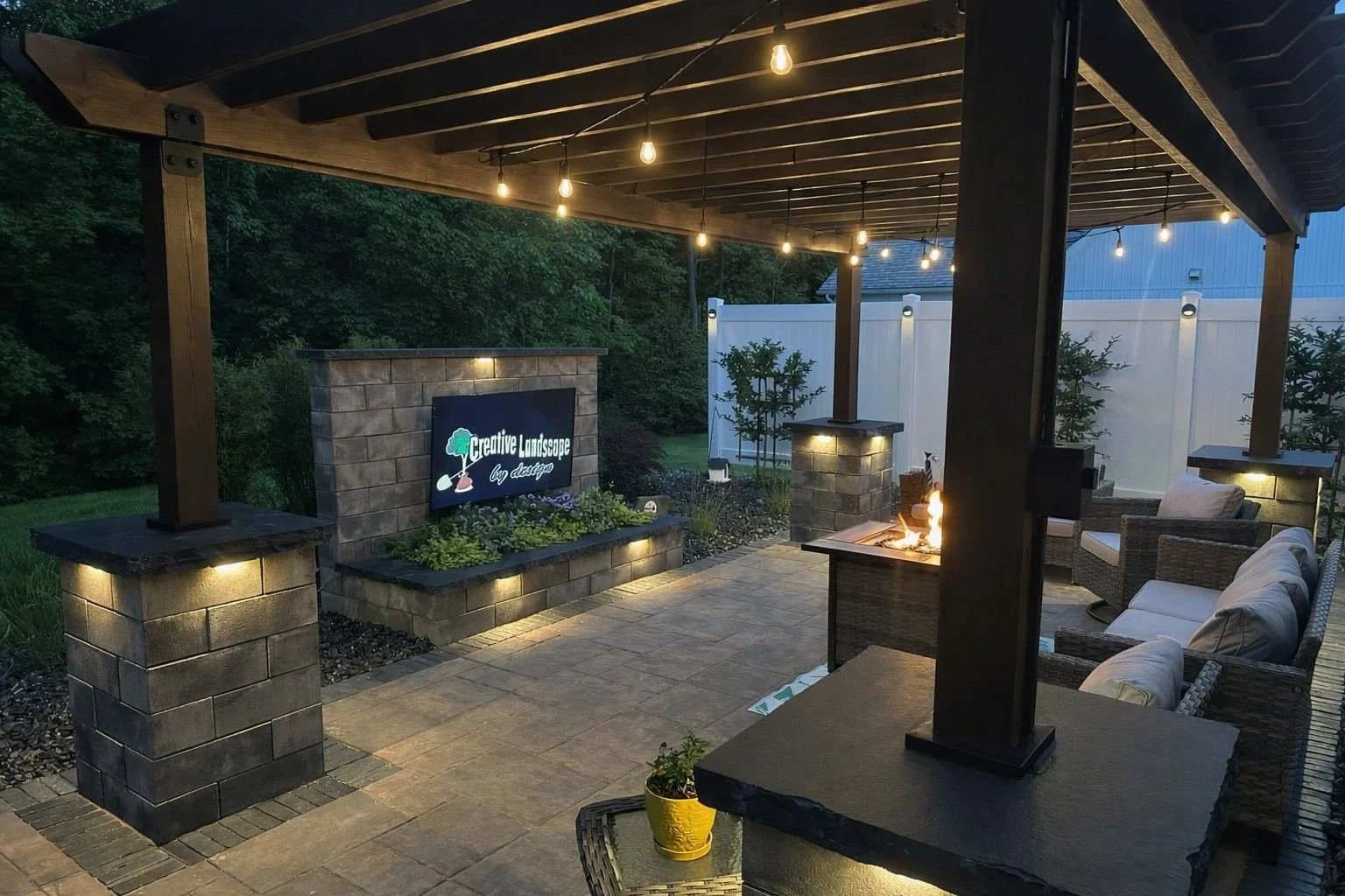 An outdoor patio with a pergola, string lights, a fire pit, and wicker furniture, with a TV displaying a logo reading "Creative Landscape by design" and a landscaped backyard with trees and a white fence in the background.