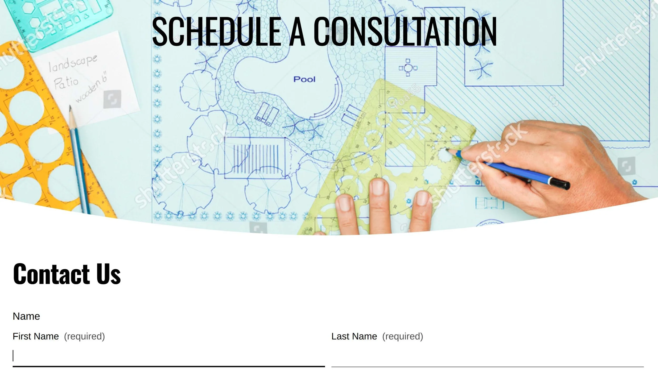 A blueprint for landscape design featuring a pool, trees, and a sports court, alongside a person's hand using a blue pencil and a yellow stencil on the drawing.