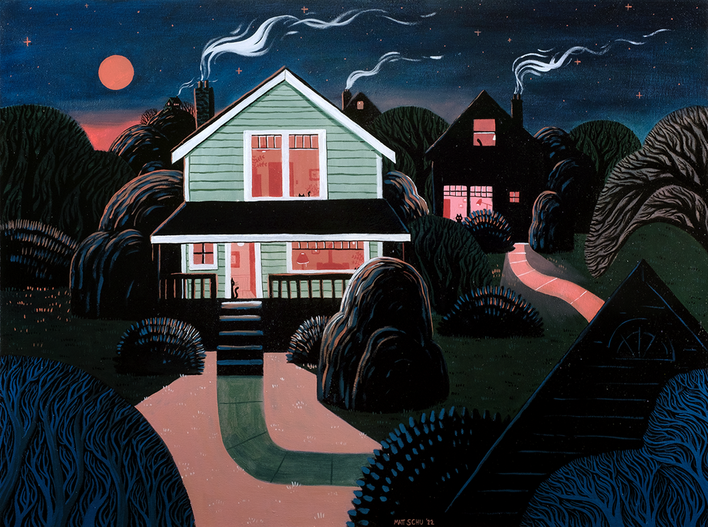 Cat Houses, 30x40" oil on canvas, 2022