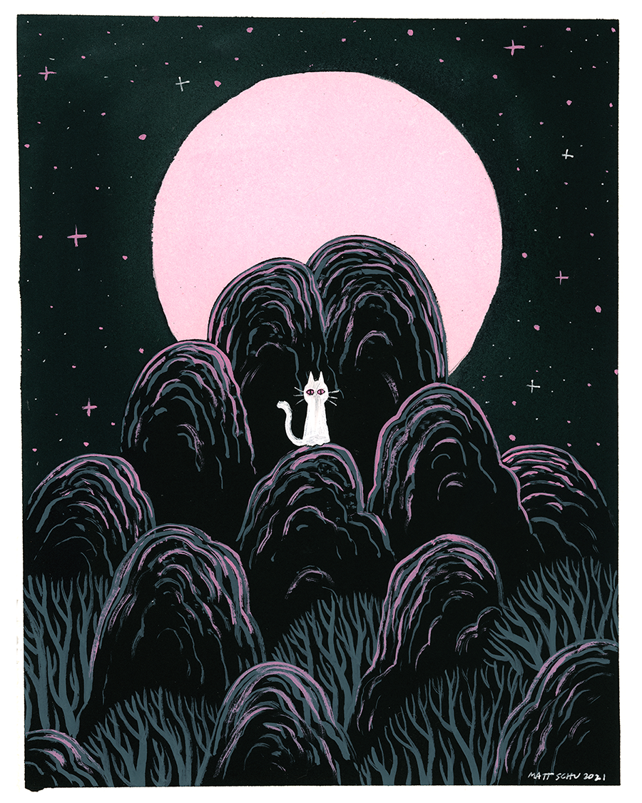 "Cat Moon 1", 8x10" ink/gouache on paper, 2021
